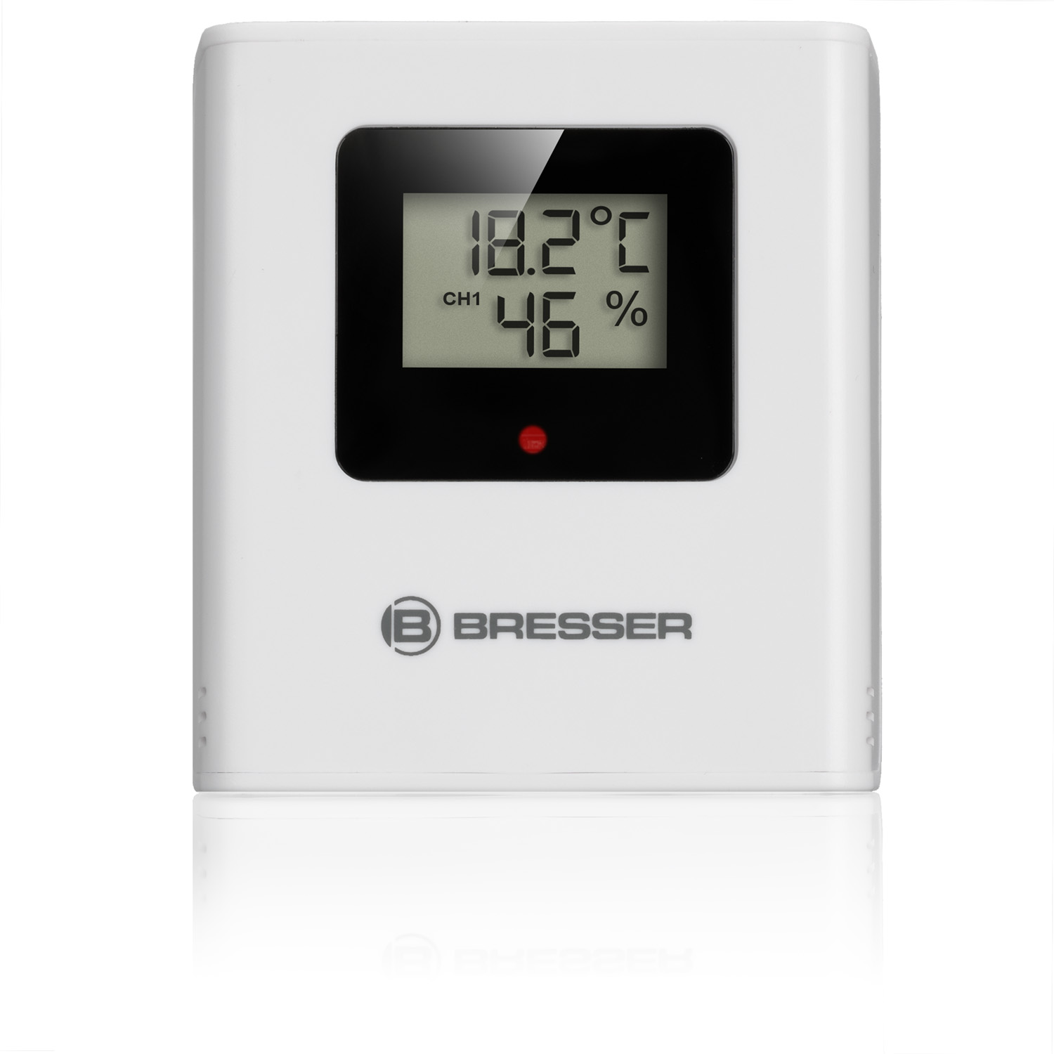 Termohigrómetro digital Bresser blanco que muestra 18,2 grados Celsius y 46 por ciento de humedad.