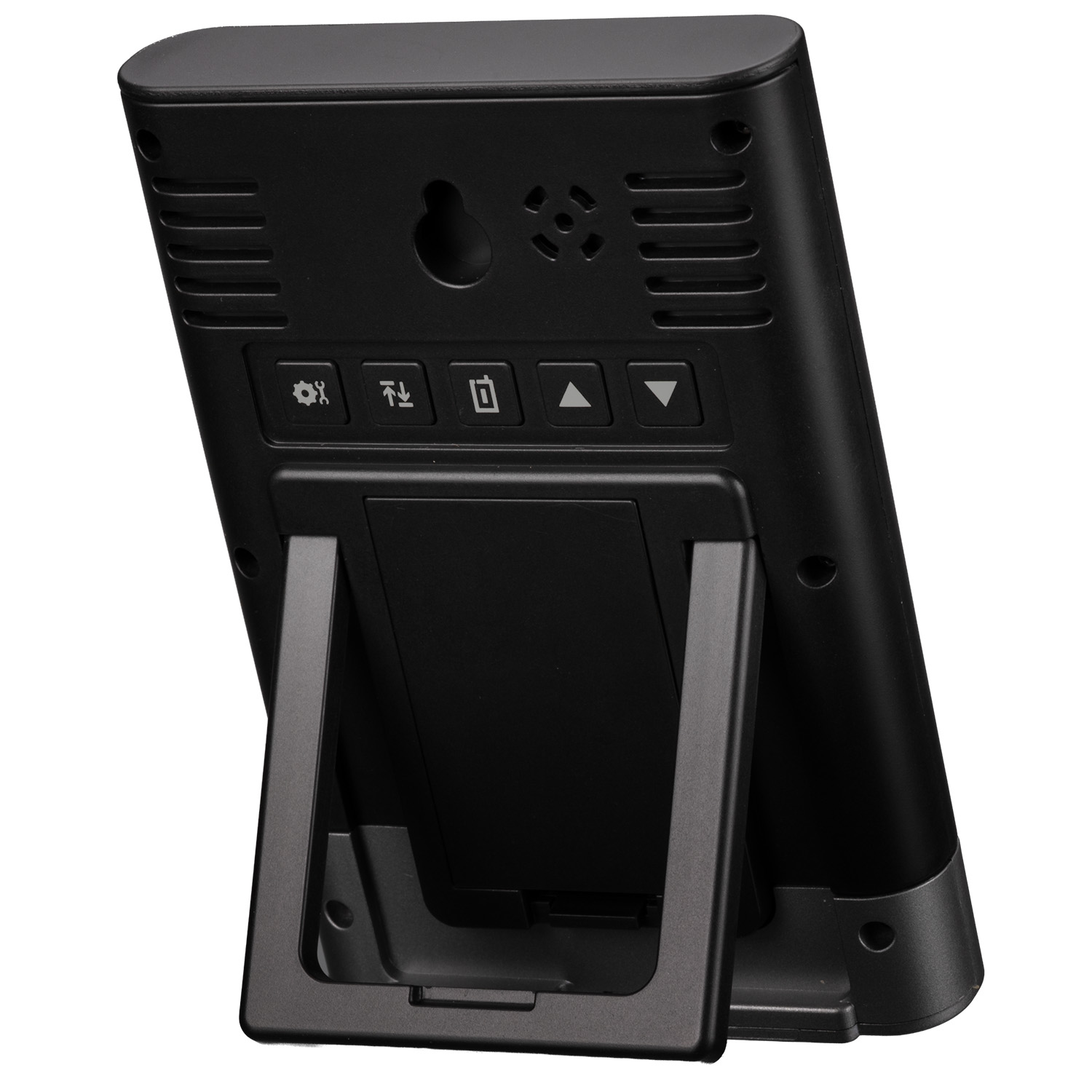Parte trasera de un dispositivo electrónico negro con botones de control, altavoz y soporte.