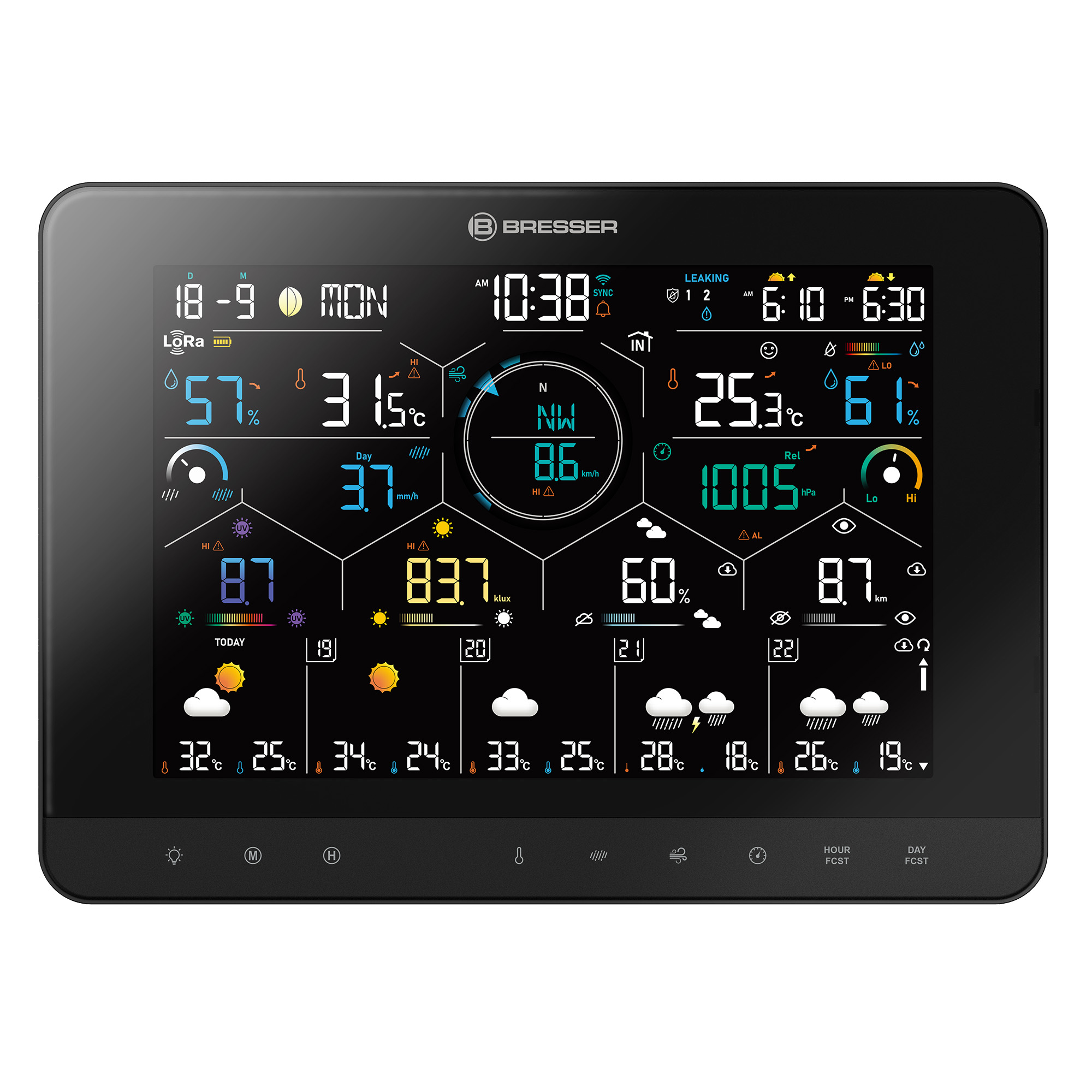 Estación meteorológica digital con pantalla negra que muestra temperatura, humedad, viento, presión y pronósticos.