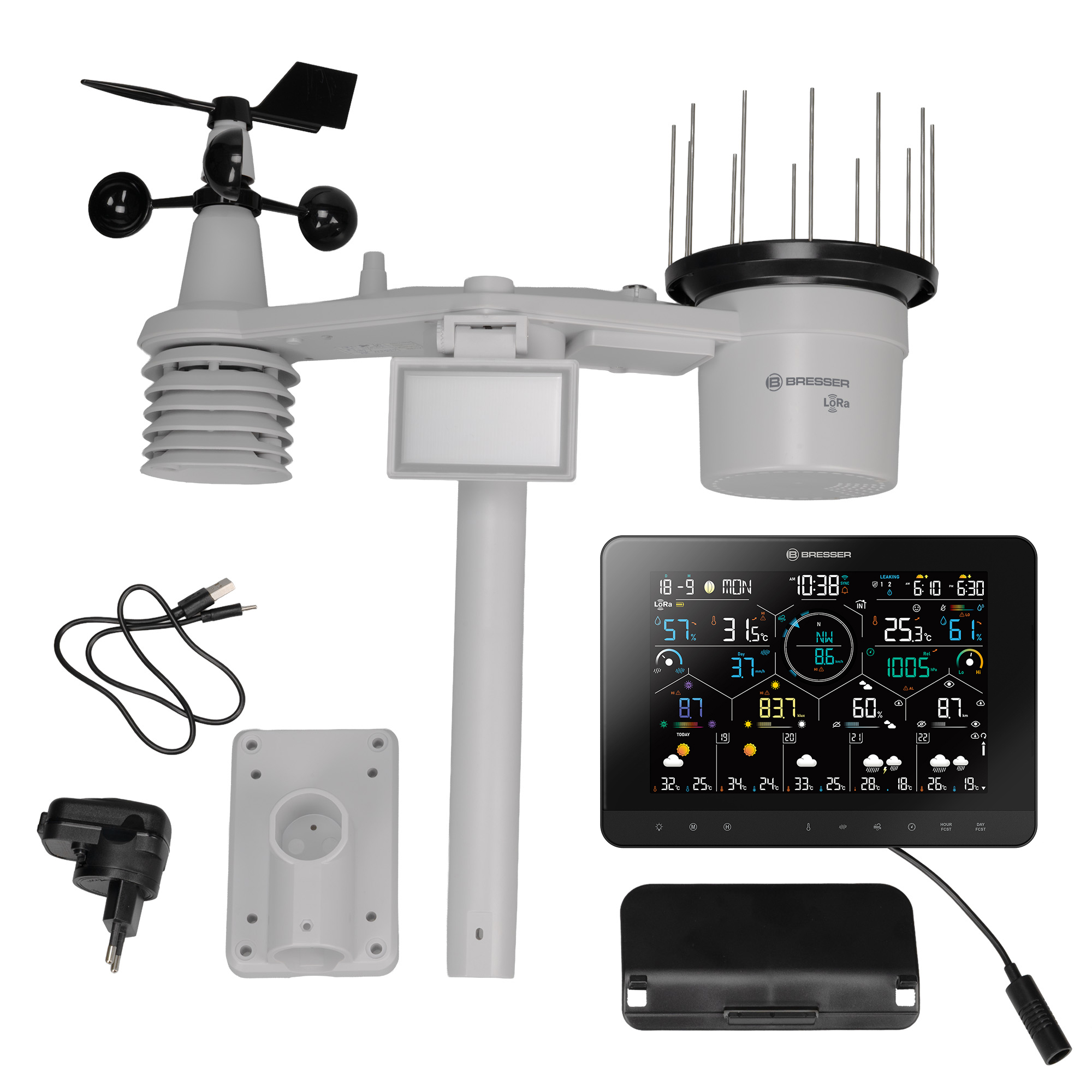Kit de estación meteorológica con anemómetro, pluviómetro, consola, adaptador, soporte y cable USB.