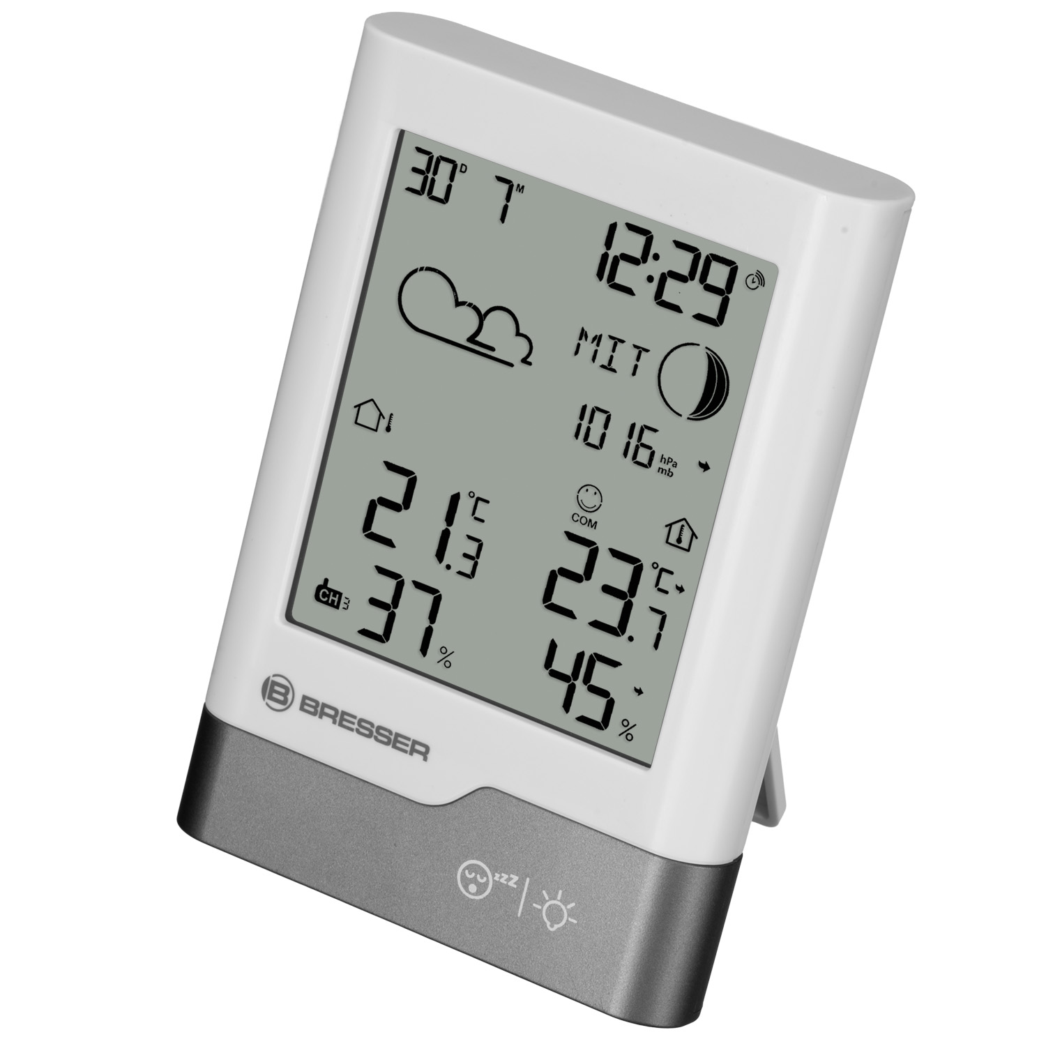 Una estación meteorológica digital Bresser blanca y gris con una pantalla que muestra temperatura, humedad e iconos del tiempo.
