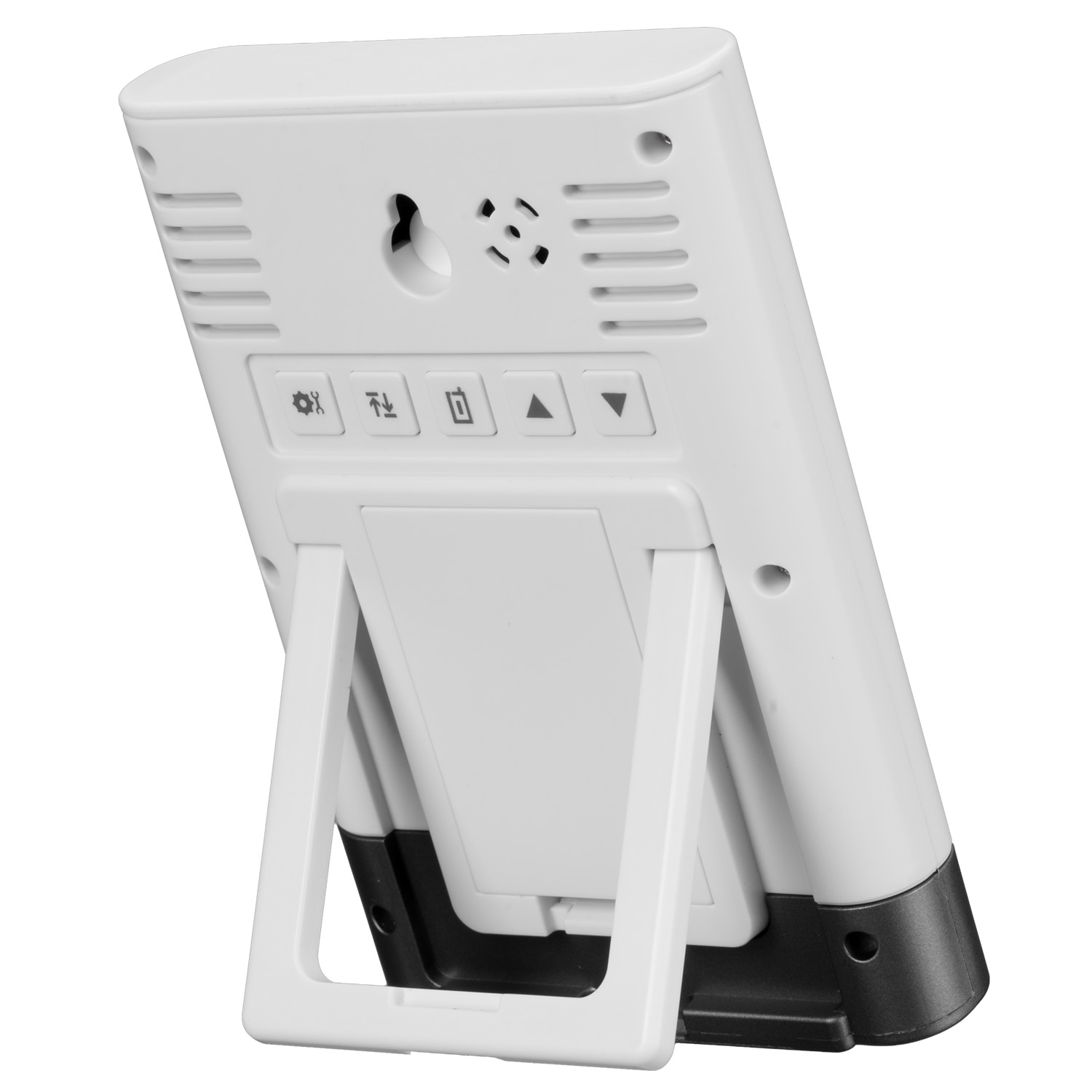 Vista trasera de un dispositivo electrónico blanco con botones de control, un soporte plegable y una base negra.