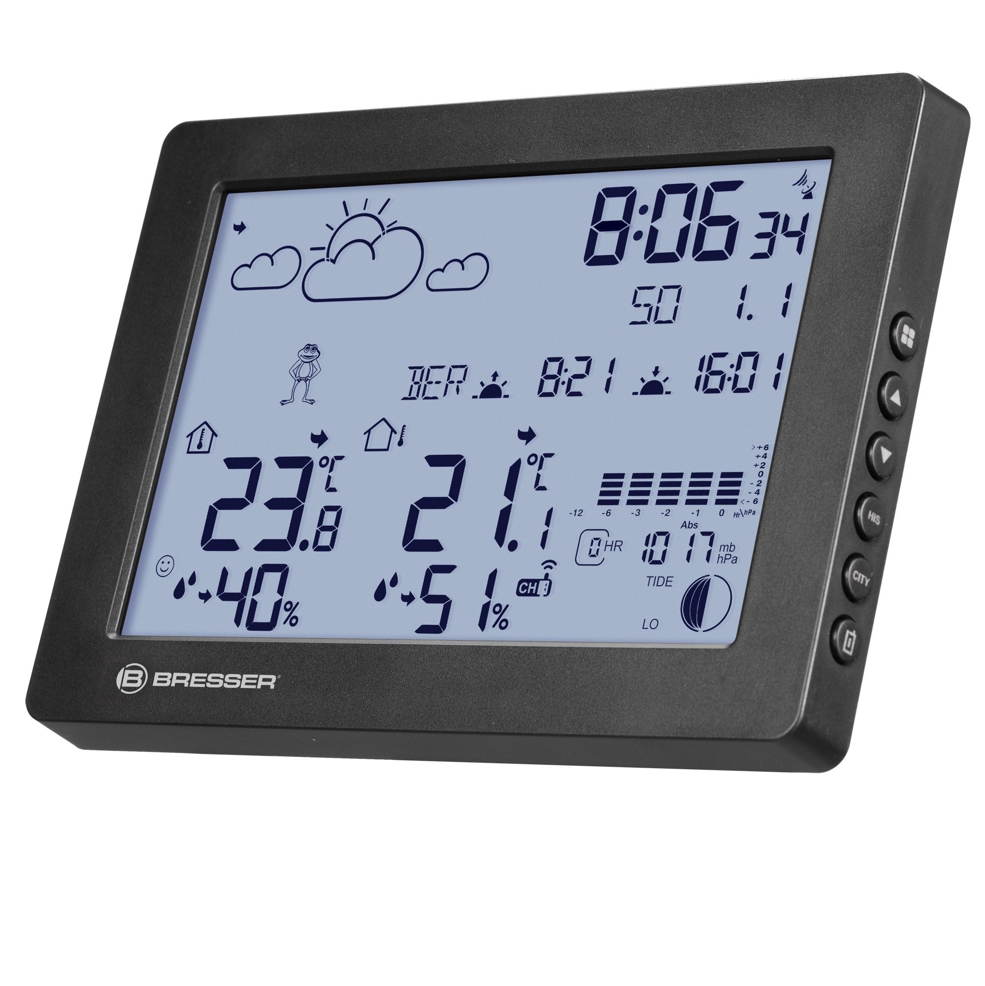 Estación meteorológica Bresser negra con pantalla LCD digital que muestra temperatura, humedad y hora.