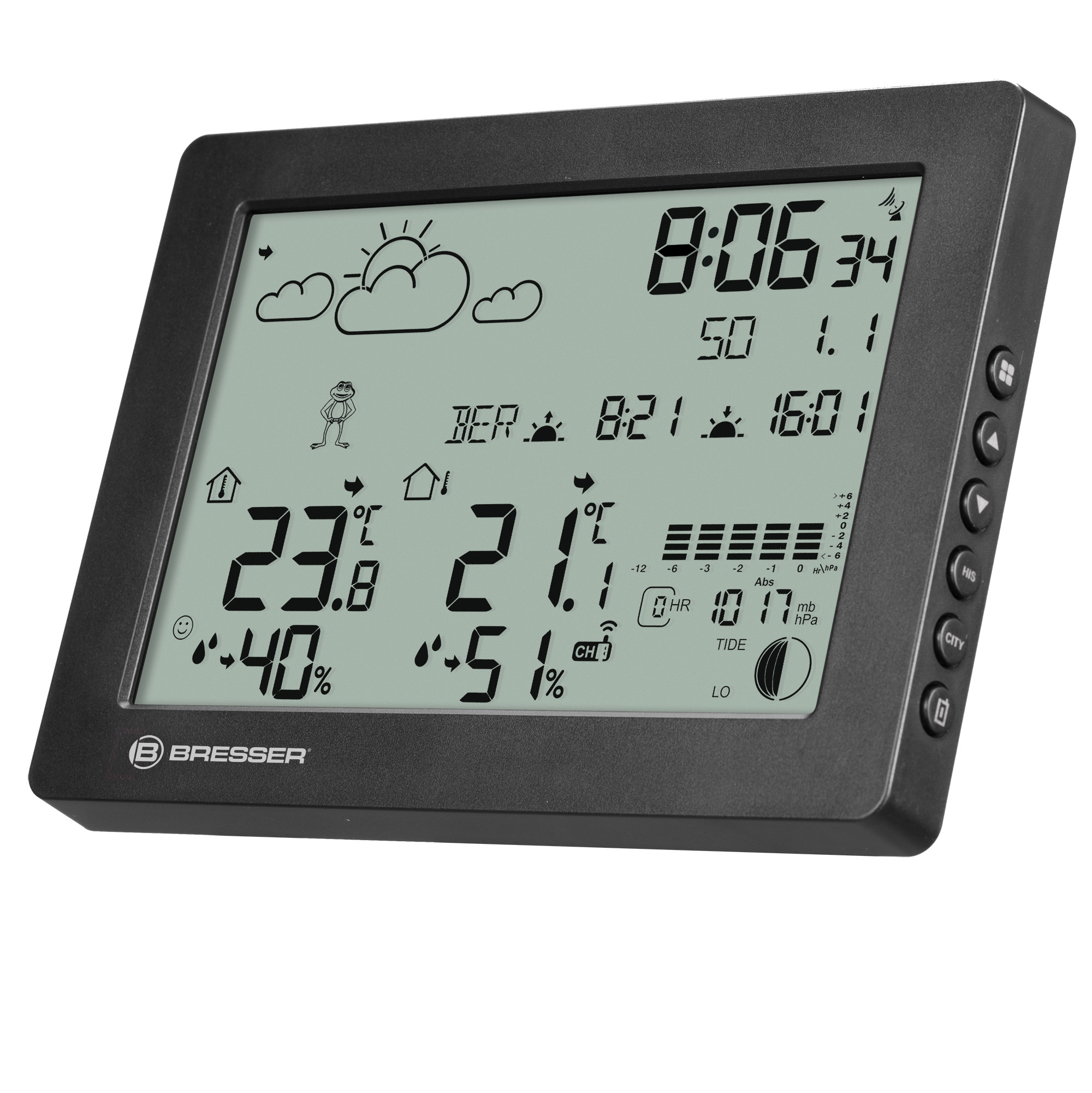 Estación meteorológica Bresser negra con pantalla LCD gris que muestra hora, temperatura y clima.