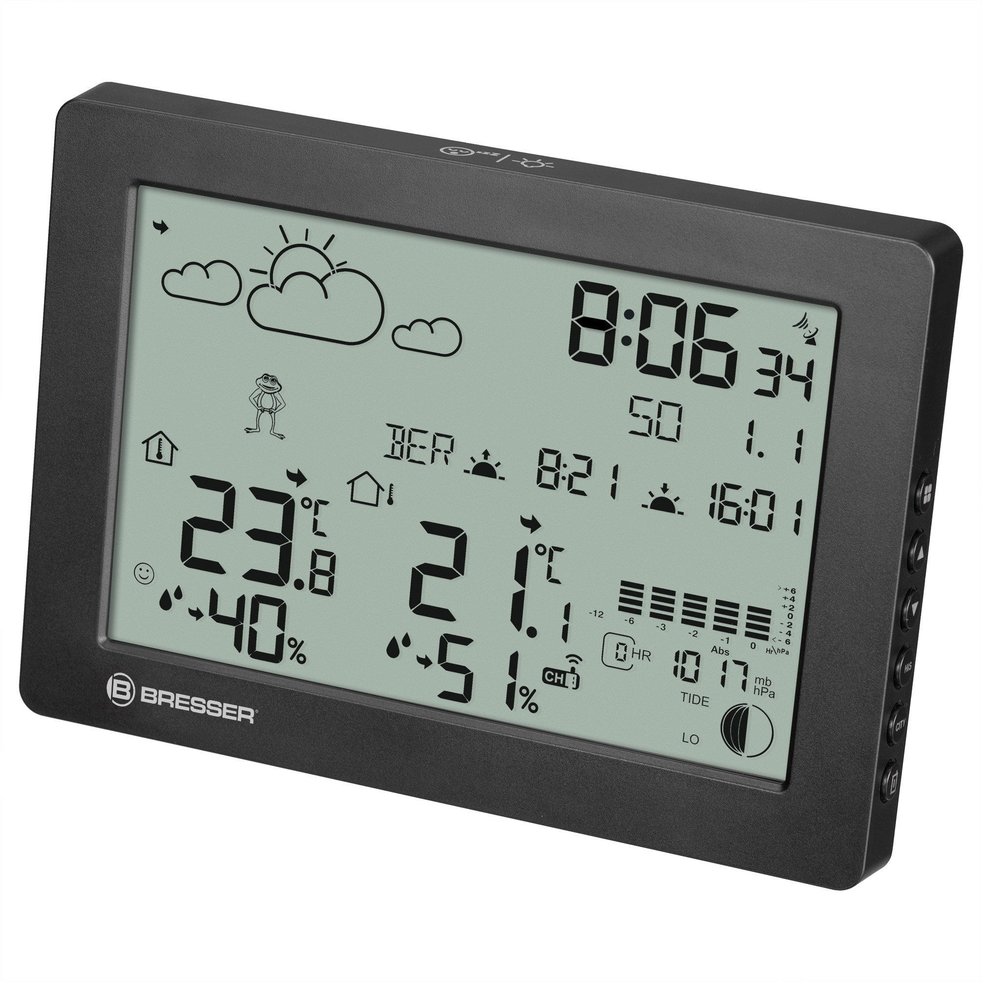Una estación meteorológica Bresser negra con pantalla LCD gris que muestra hora, temperatura, humedad e iconos.