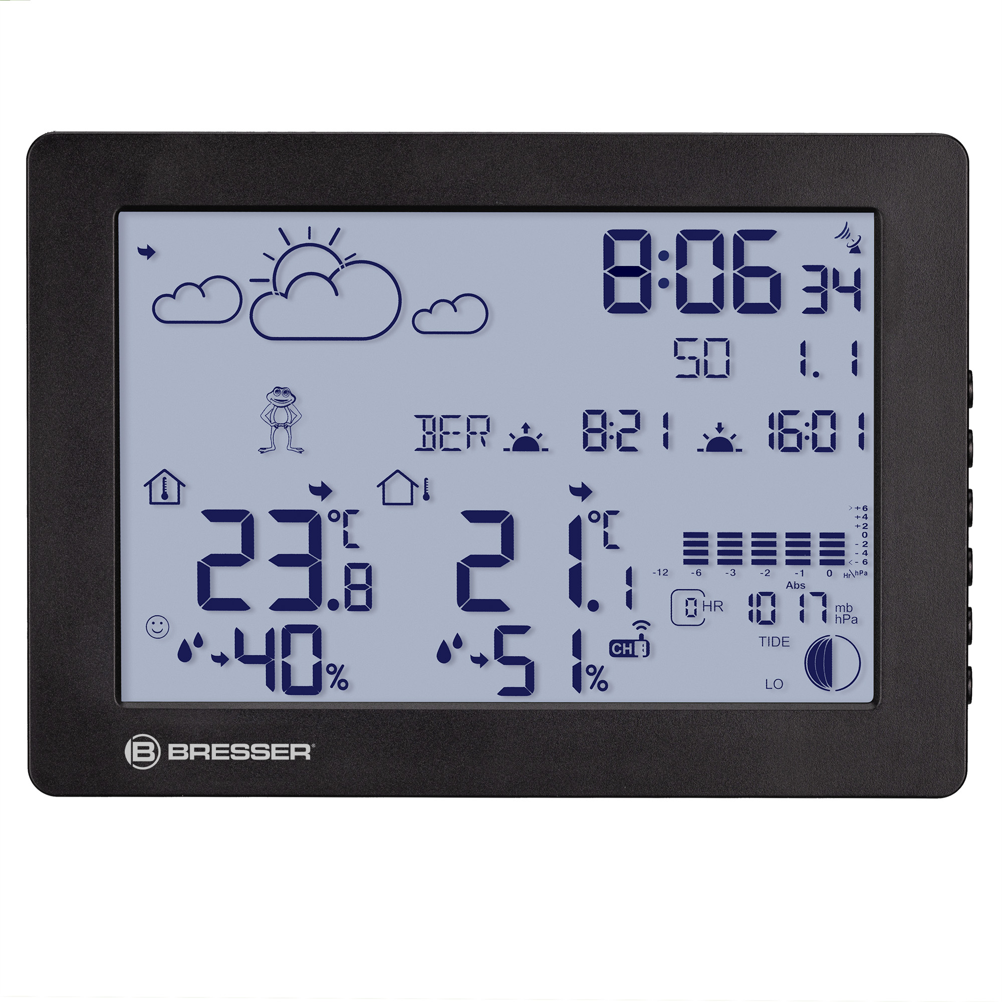 Estación meteorológica Bresser negra con pantalla LCD digital que muestra hora, temperatura, humedad e iconos de previsión.