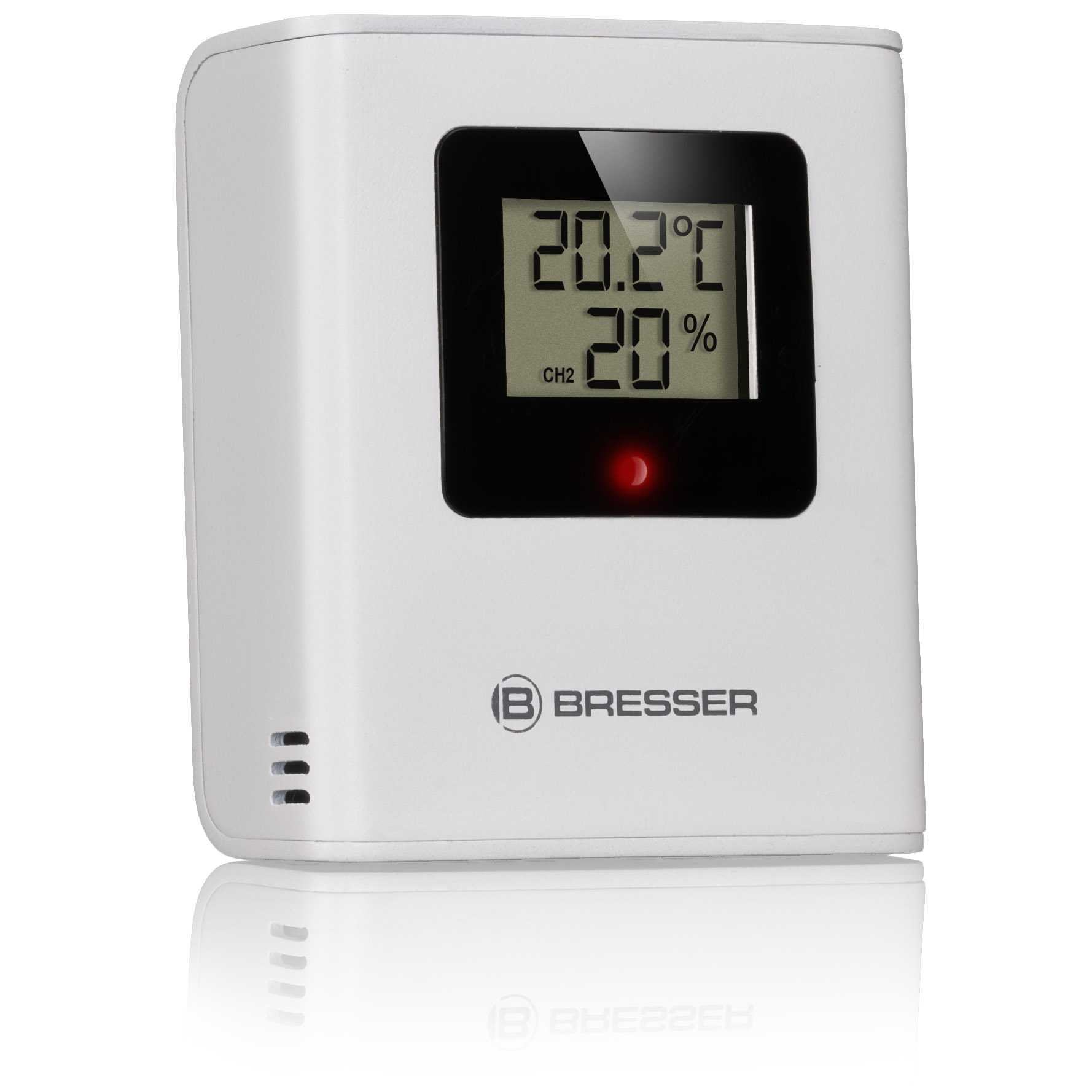 Un termohigrómetro blanco Bresser muestra 20,2 grados Celsius y 20 por ciento de humedad en una pantalla digital.