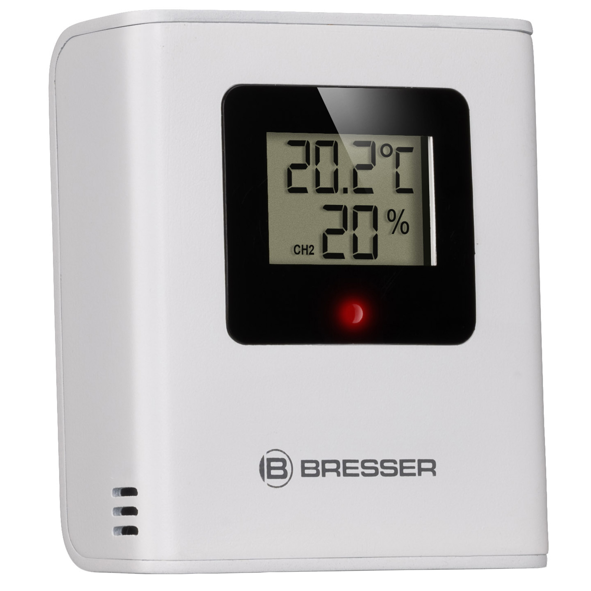 Un termohigrómetro Bresser blanco con pantalla digital muestra 20,2 grados Celsius y 20 por ciento de humedad.