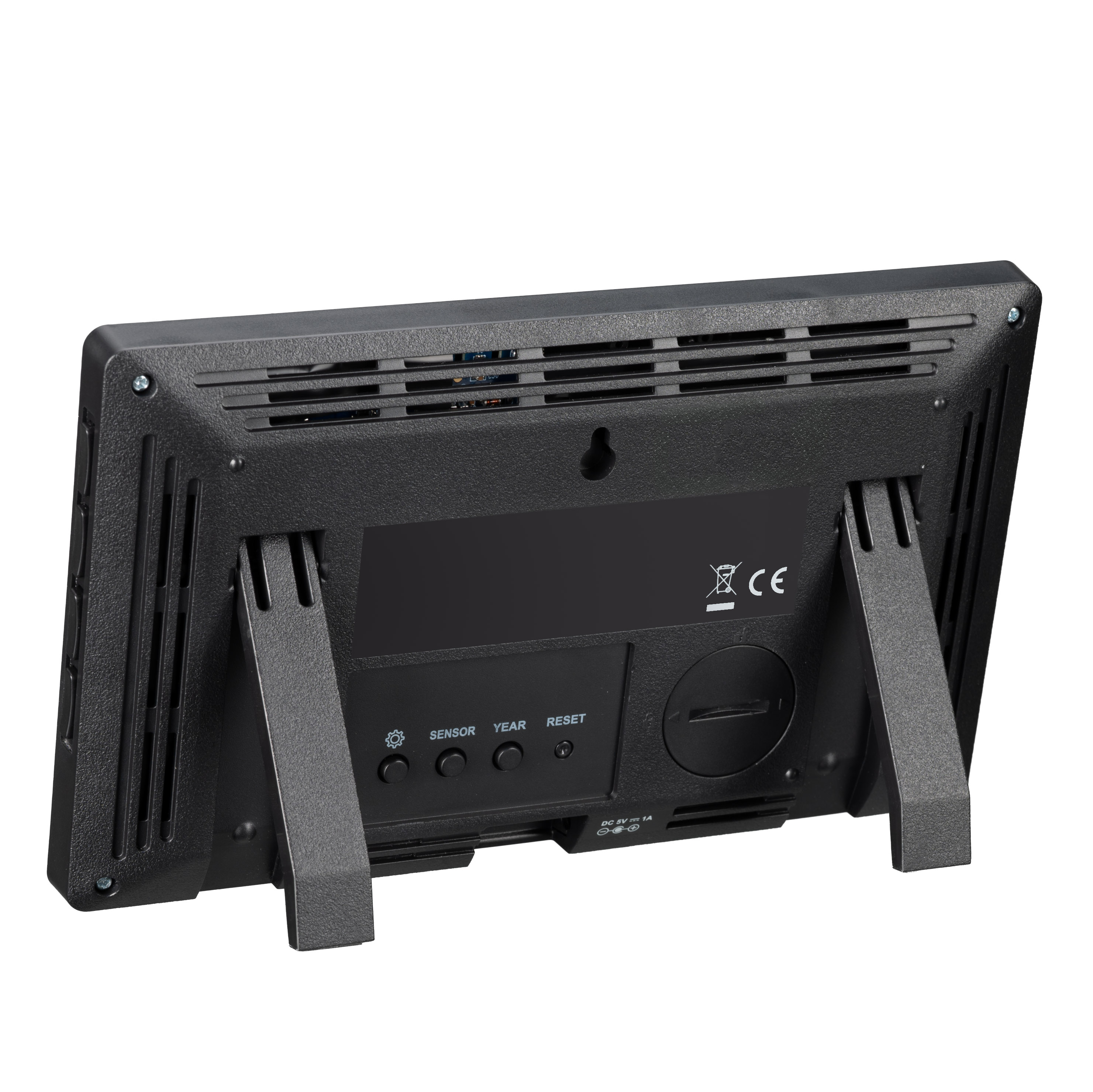 Parte trasera de un dispositivo electrónico negro con dos soportes plegables, botones y ranuras de ventilación.