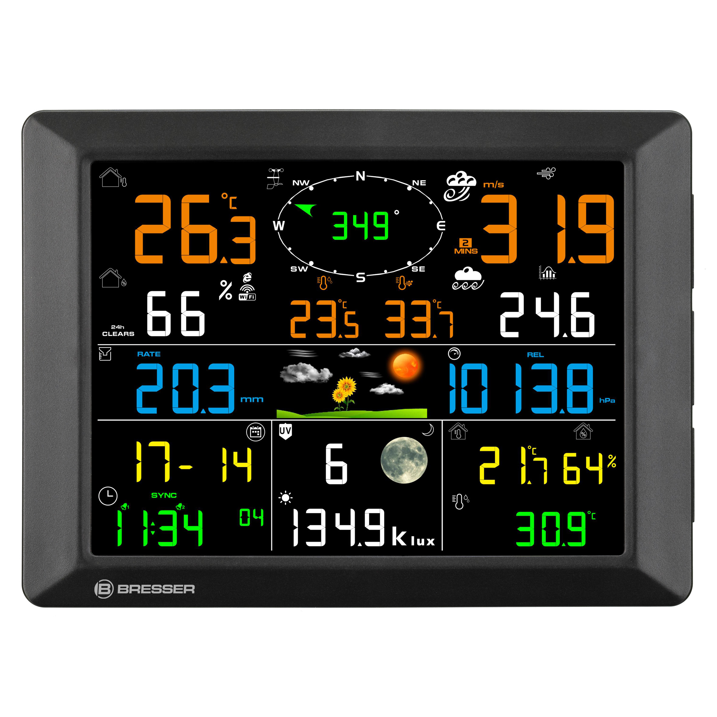 Estación meteorológica digital con marco negro y pantalla a color con datos de temperatura, viento y clima.