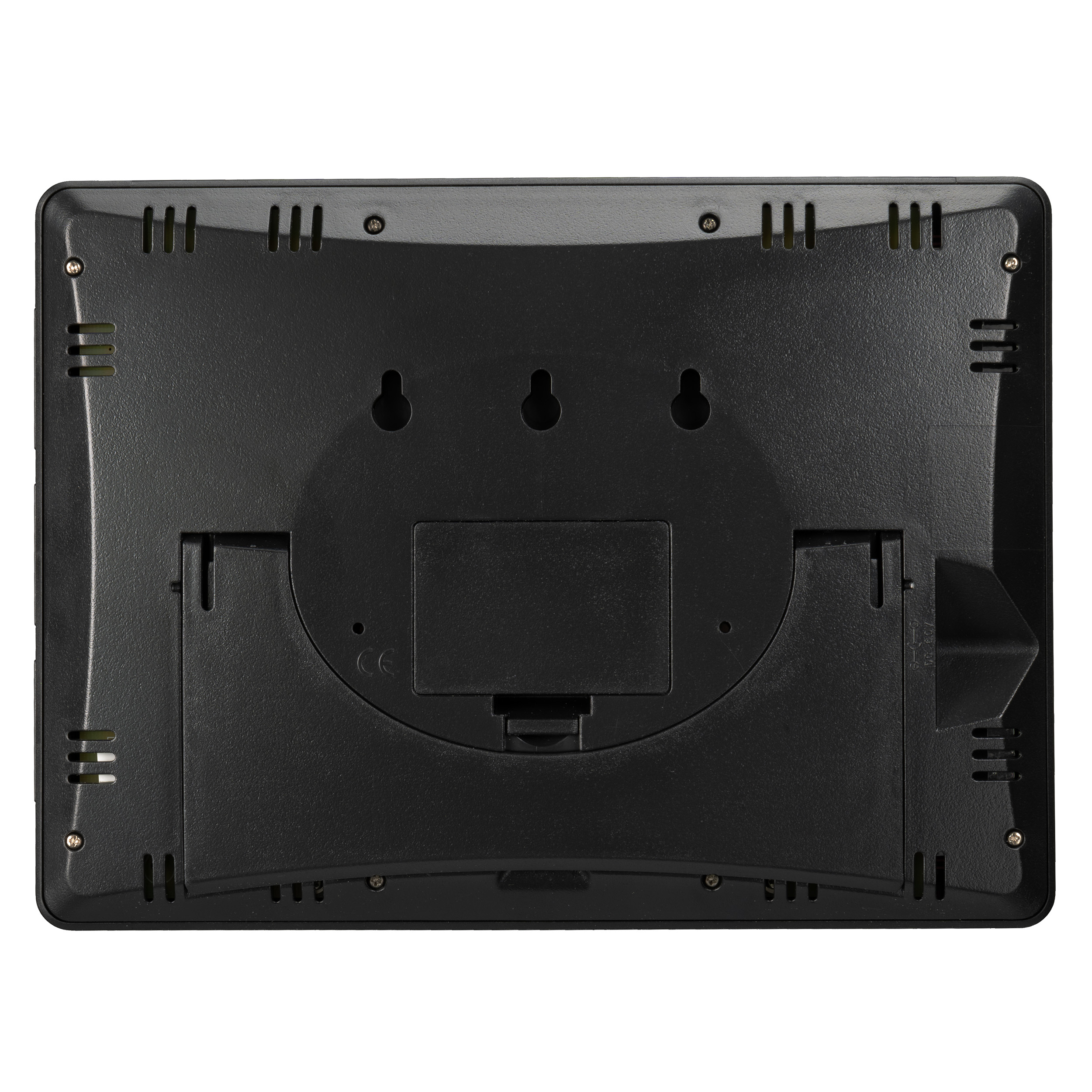 Parte trasera de un dispositivo electrónico negro con ranuras de ventilación, tornillos, agujeros para pared y soporte.
