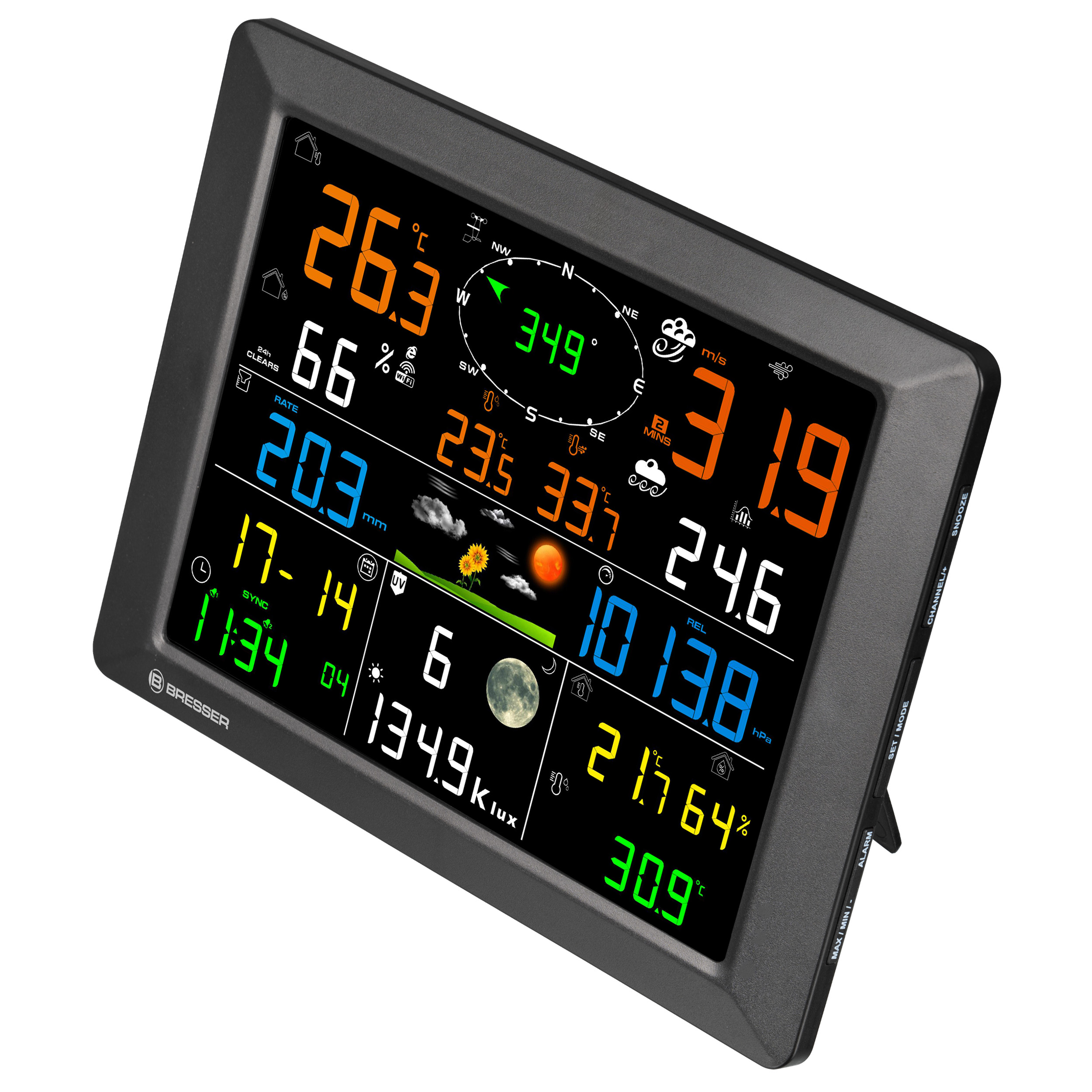 Una estación meteorológica digital negra que muestra datos coloridos como temperatura, velocidad del viento, hora y humedad.