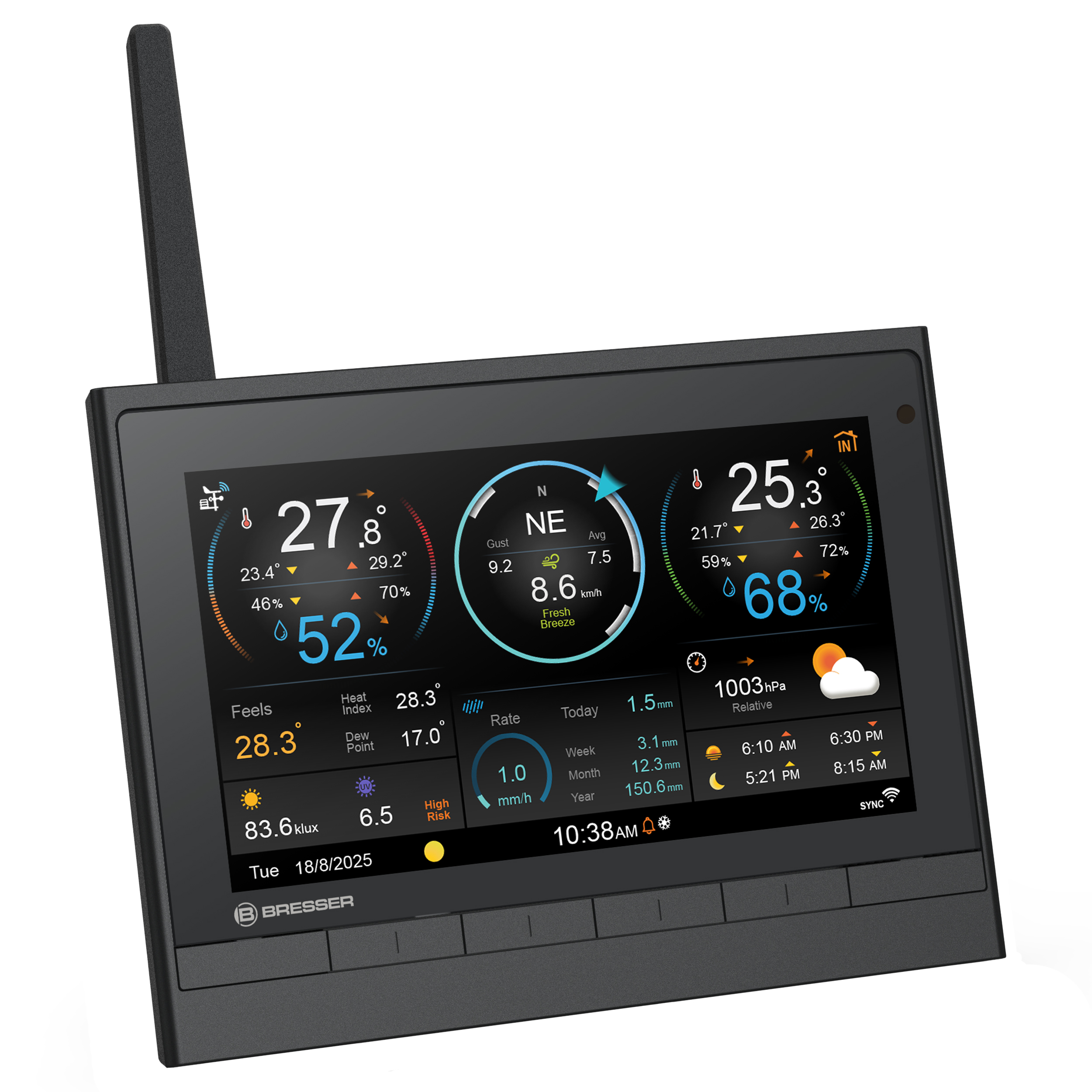 Una pantalla de estación meteorológica digital negra que muestra temperatura, velocidad del viento, humedad y hora.