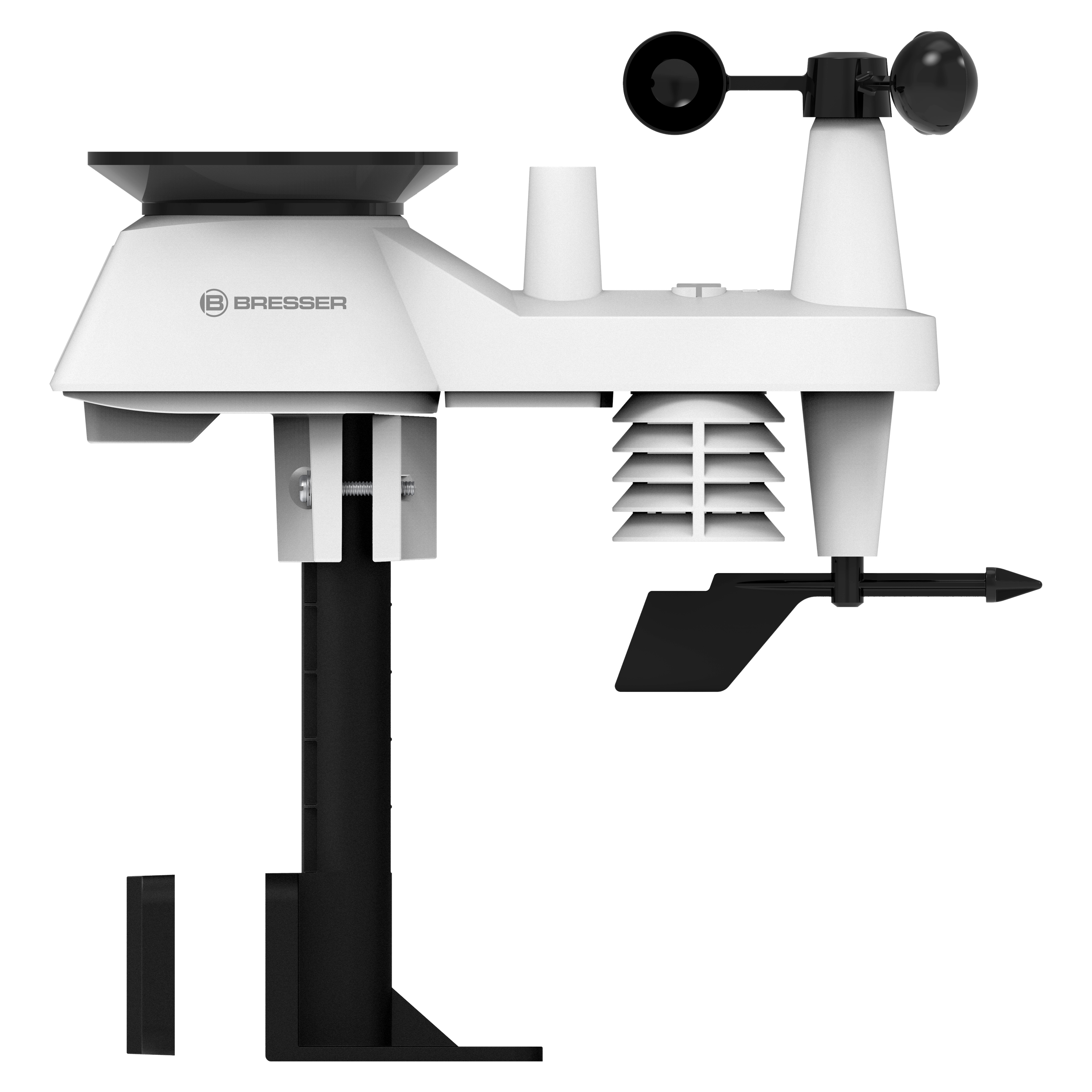Sensor meteorológico Bresser blanco y negro con pluviómetro, anemómetro y veleta en un poste.