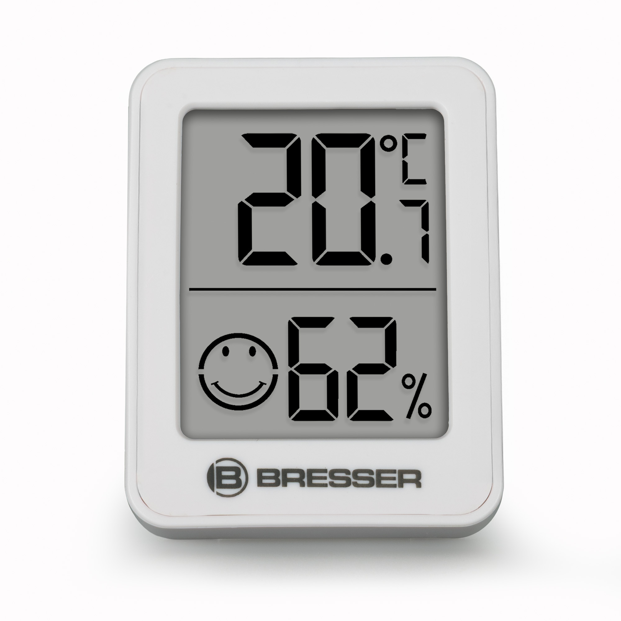 Termohigrómetro digital Bresser blanco muestra 20.5 grados y 62 por ciento de humedad con una carita feliz.