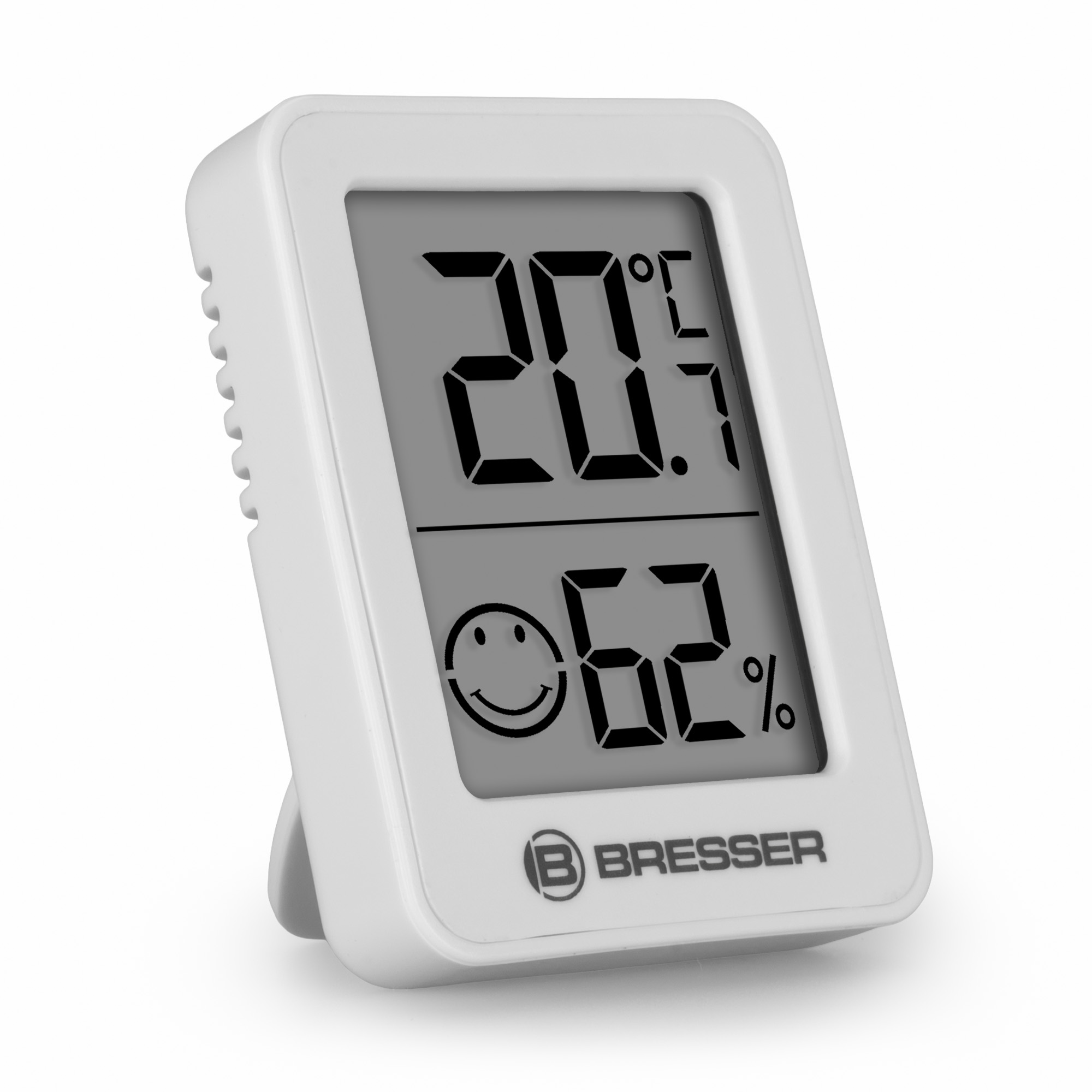 Termómetro digital blanco con pantalla LCD y logotipo de Bresser sobre fondo blanco.