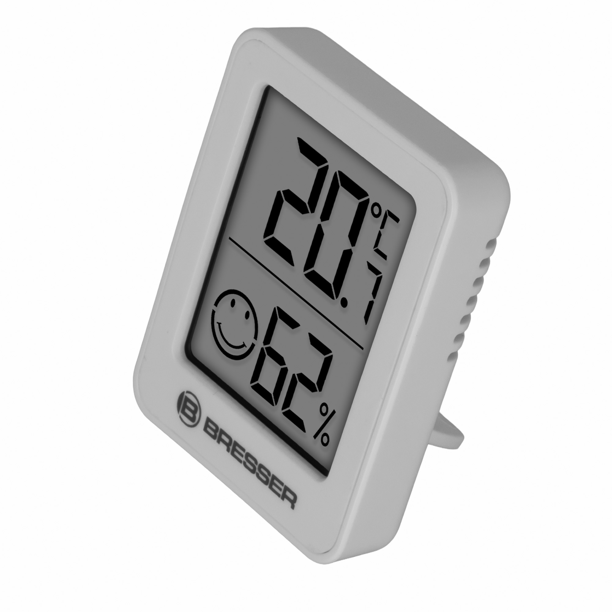 Termohigrómetro digital blanco de Bresser con pantalla que muestra temperatura, humedad y un icono de sonrisa.