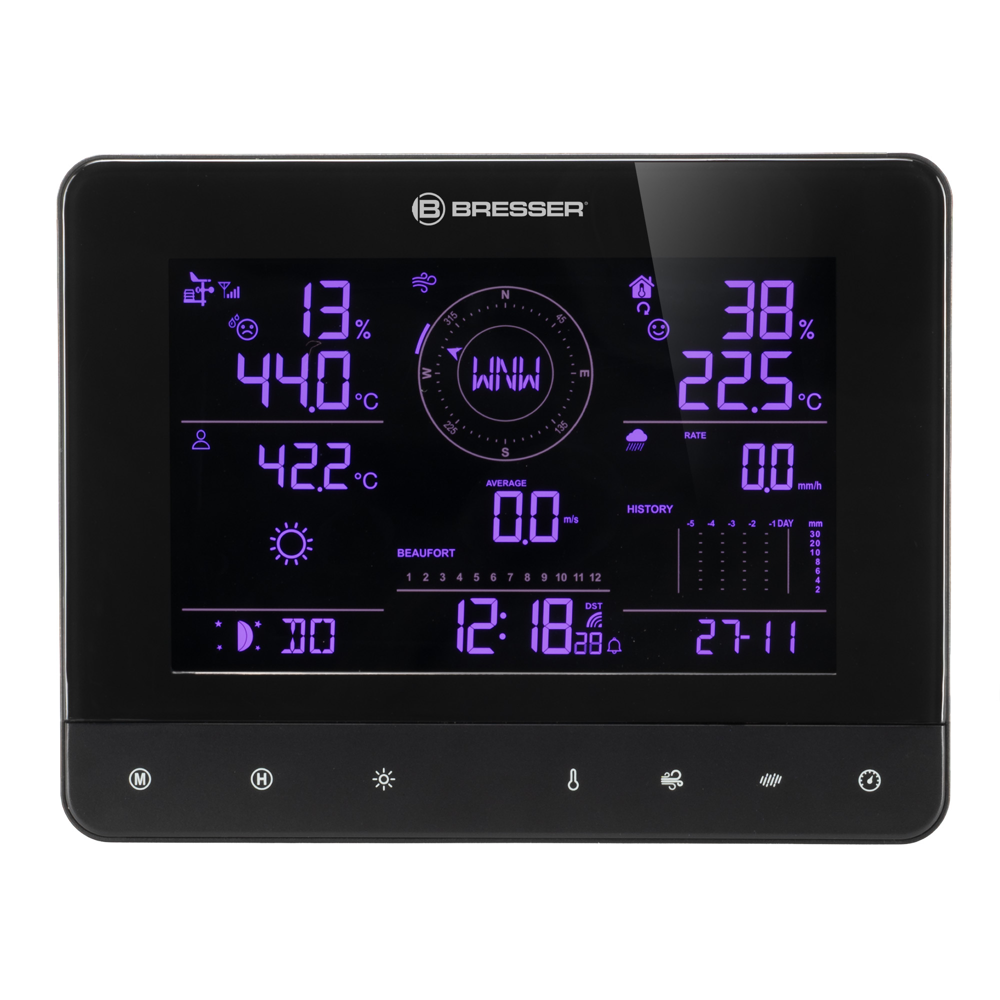 Estación meteorológica Bresser con pantalla iluminada que muestra temperatura, humedad, hora y viento.