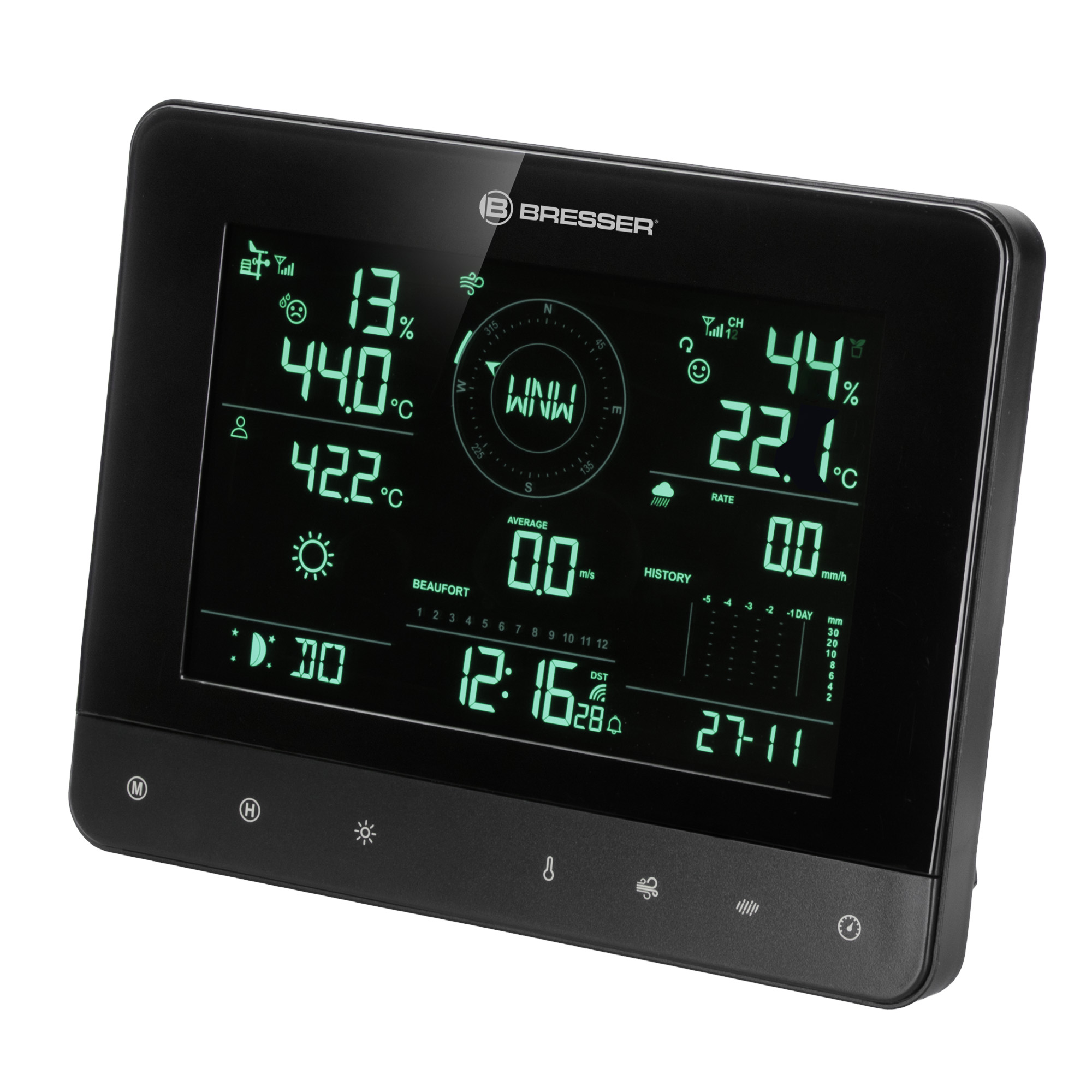 Estación meteorológica Bresser negra con pantalla digital verde que muestra temperatura, humedad y hora.
