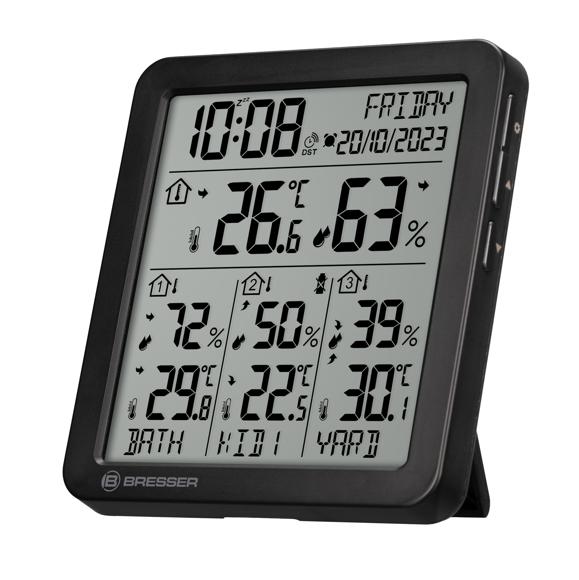 Estación meteorológica Bresser negra con pantalla LCD digital muestra hora, fecha y temperatura de tres áreas.