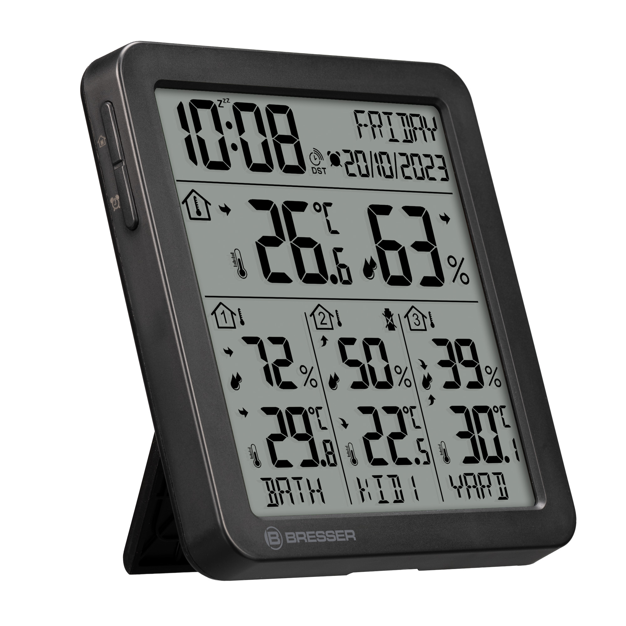 Estación meteorológica digital negra con pantalla LCD que muestra hora, fecha, temperatura y humedad.