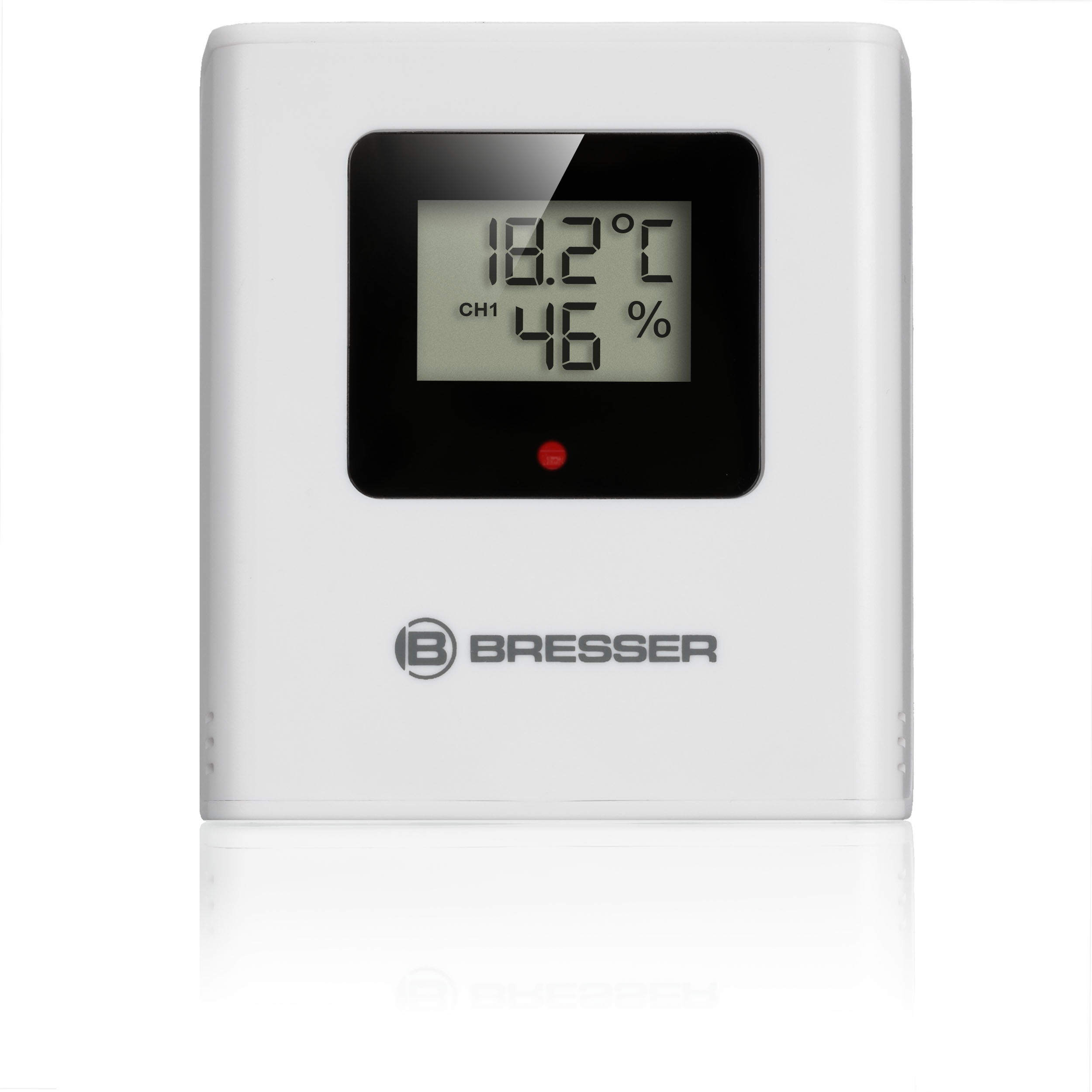 Un termohigrómetro Bresser blanco muestra 18,2 °C y 46 % de humedad.