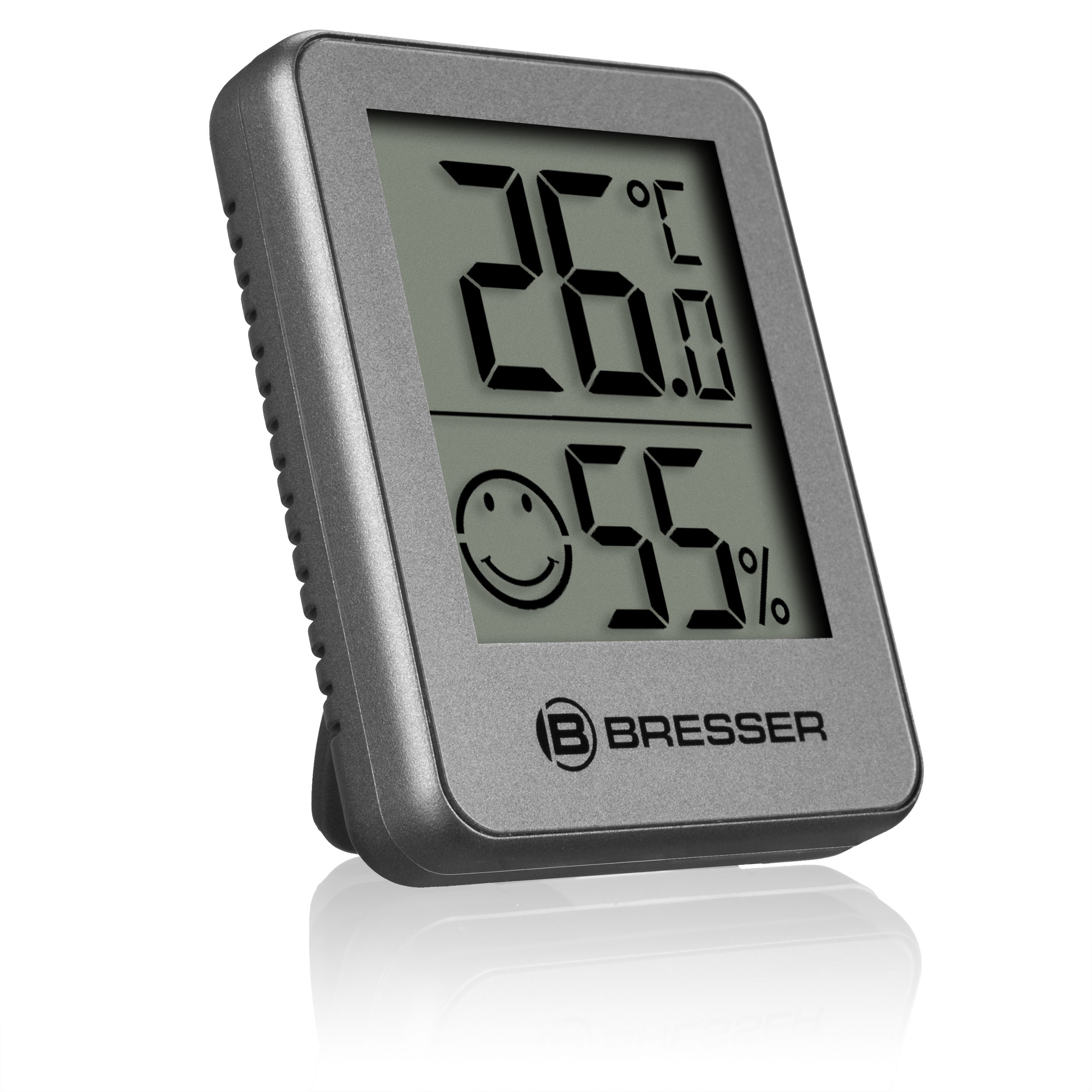 Termómetro e higrómetro Bresser gris con pantalla digital que muestra 26.6 grados Celsius y 55 por ciento de humedad.