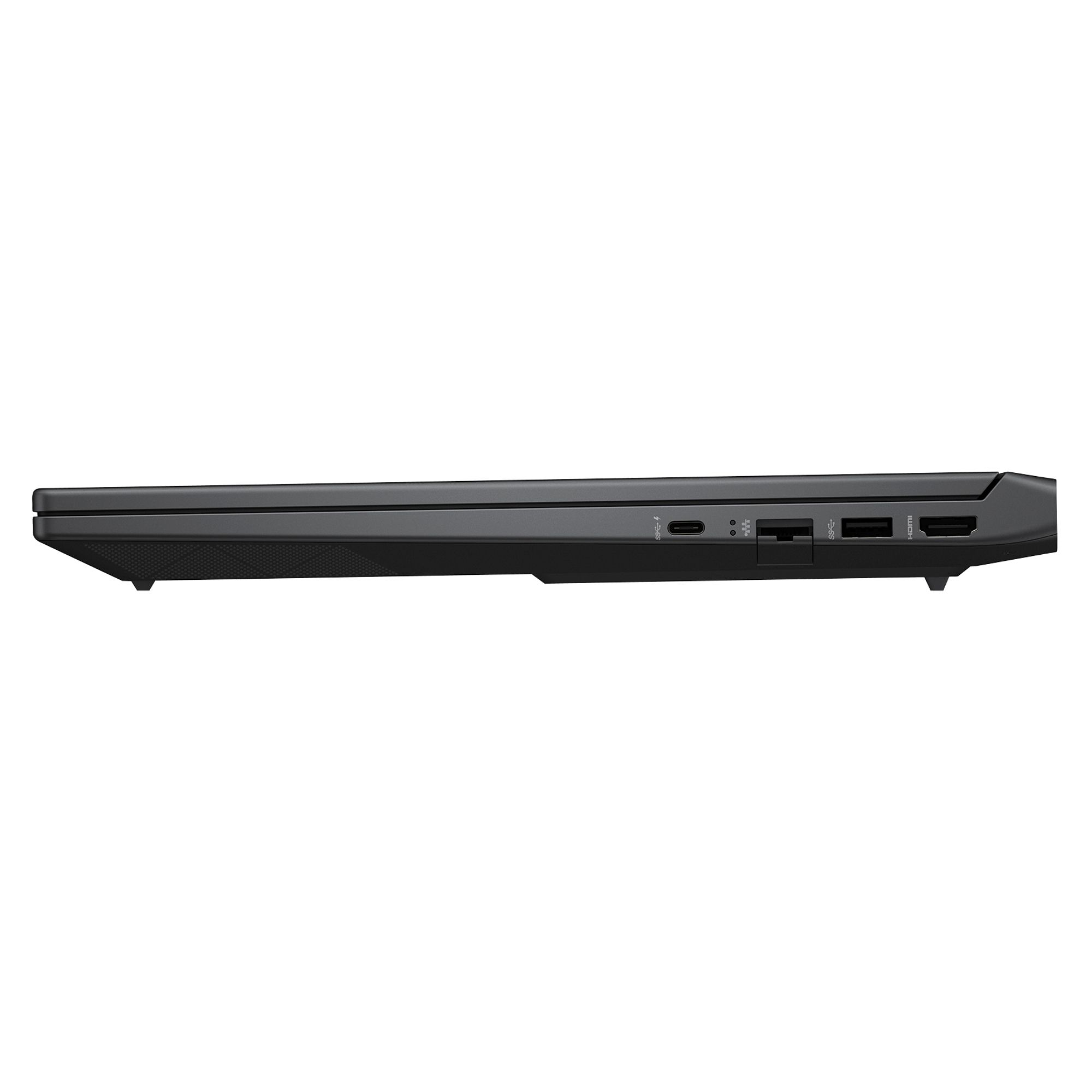 USB-C, LAN, iki USB ve bir HDMI bağlantı noktasına sahip kapalı siyah bir dizüstü bilgisayarın sol tarafı.
