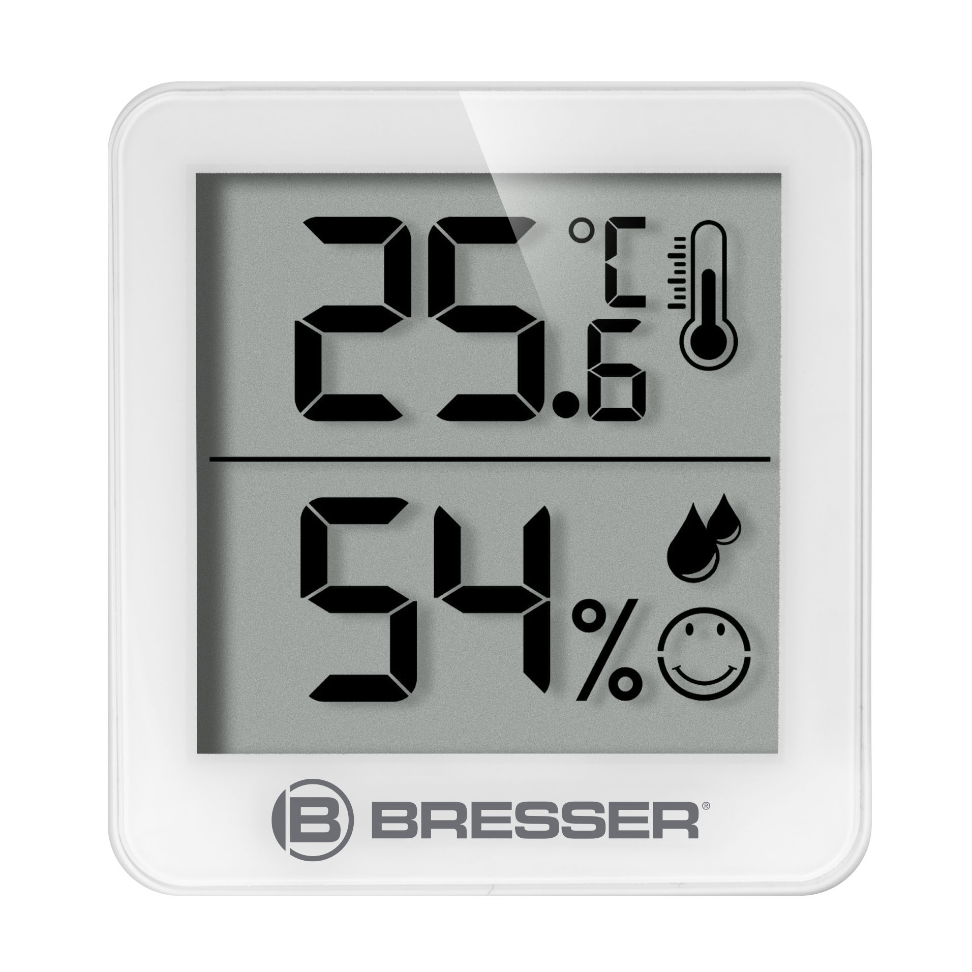 Termómetro e higrómetro digital Bresser blanco que muestra 25,6 °C y 54 % de humedad.