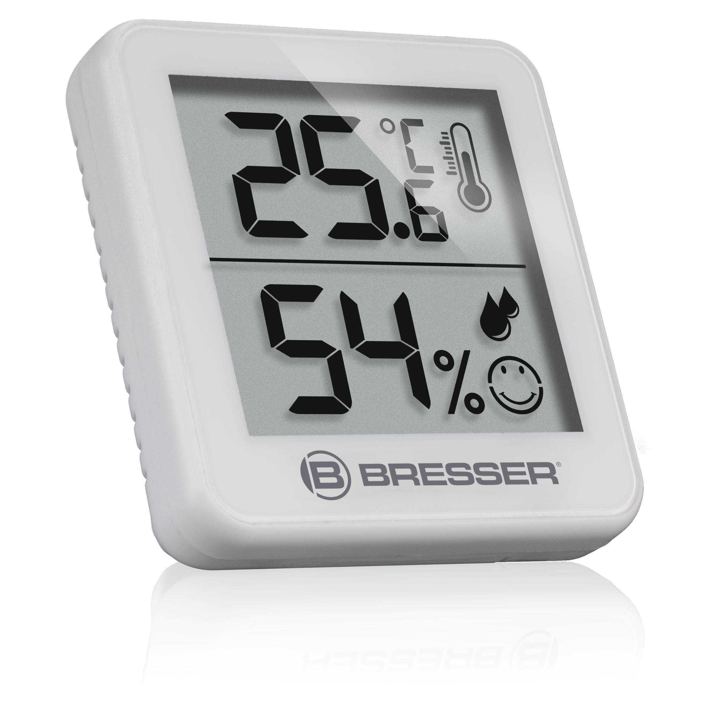 Termómetro e higrómetro digital blanco Bresser que muestra 25,6 grados Celsius y 54 por ciento de humedad.