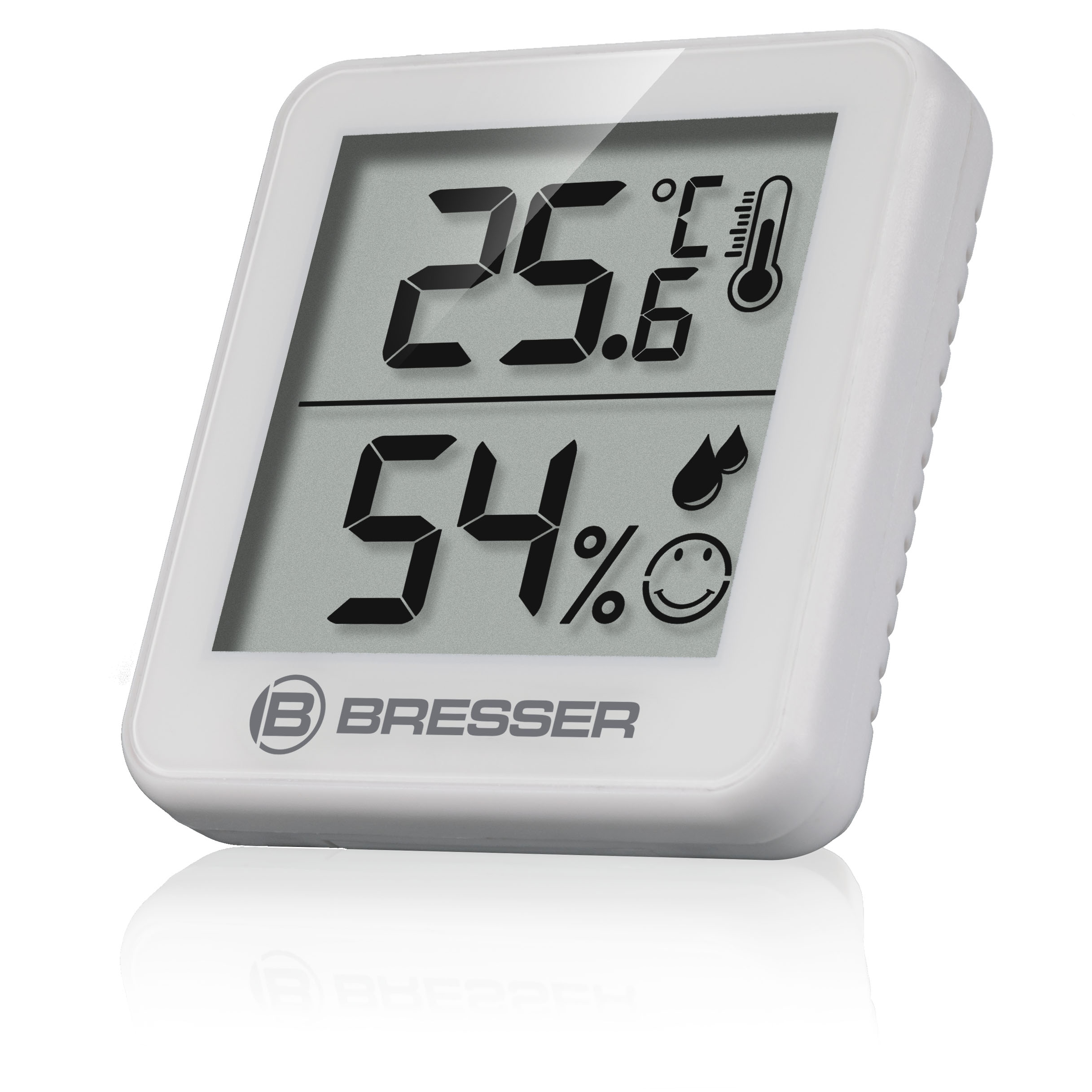 Higrómetro digital Bresser blanco que muestra temperatura y humedad en una pantalla gris.