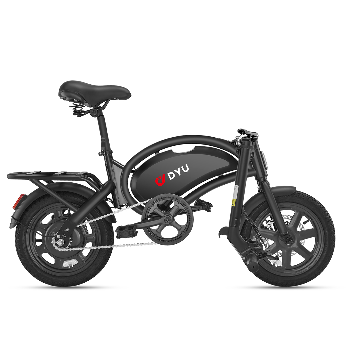 Bici elettrica pieghevole DYU nera con ruote piccole, telaio curvo e portapacchi su sfondo bianco.