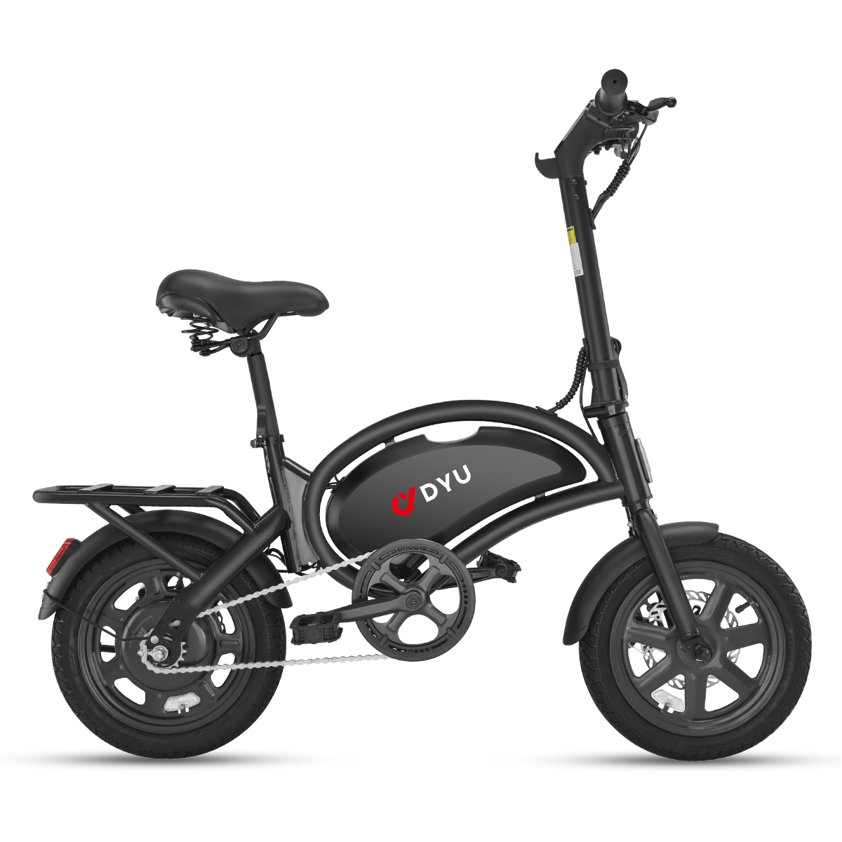 Una bici elettrica DYU nera con telaio piccolo, portapacchi e sella su sfondo bianco.