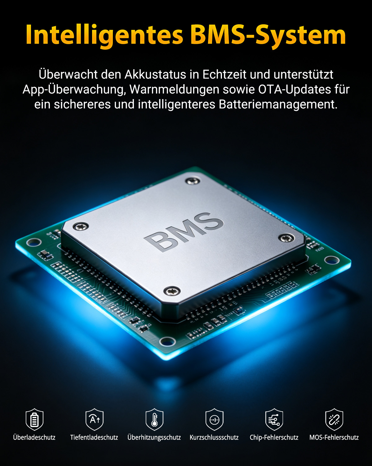 Intelligentes BMS-System auf einer grünen Platine mit blauer Hintergrundbeleuchtung und Schutzsymbolen.