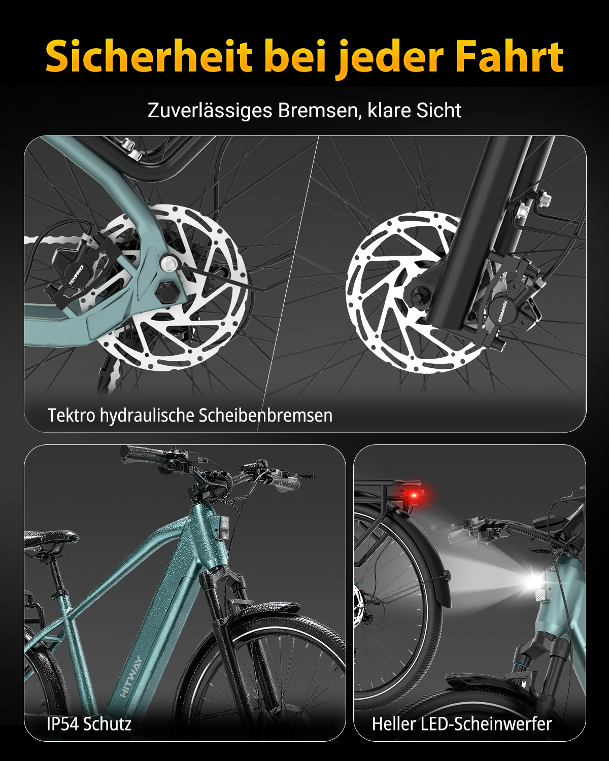 E-Bike Details mit hydraulischen Scheibenbremsen, IP54 Schutz und hellem LED-Scheinwerfer auf schwarzem Grund.