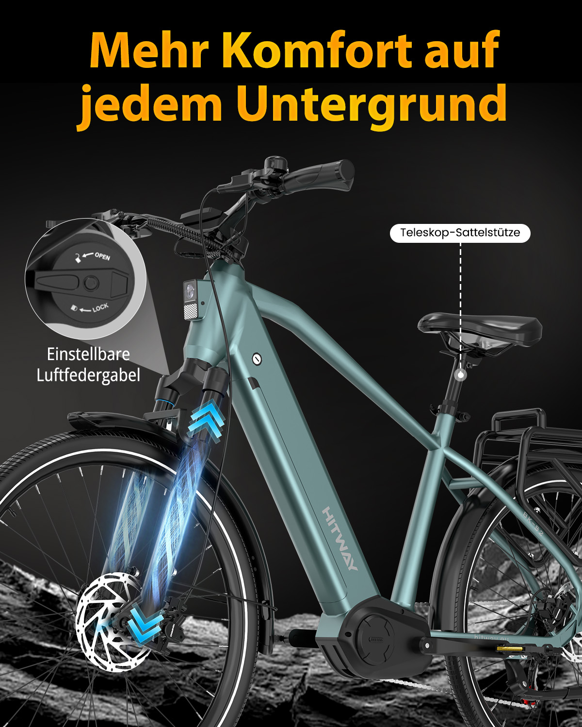 Teal-farbenes E-Bike mit gefederter Gabel und Sattelstütze vor dunklem Hintergrund.