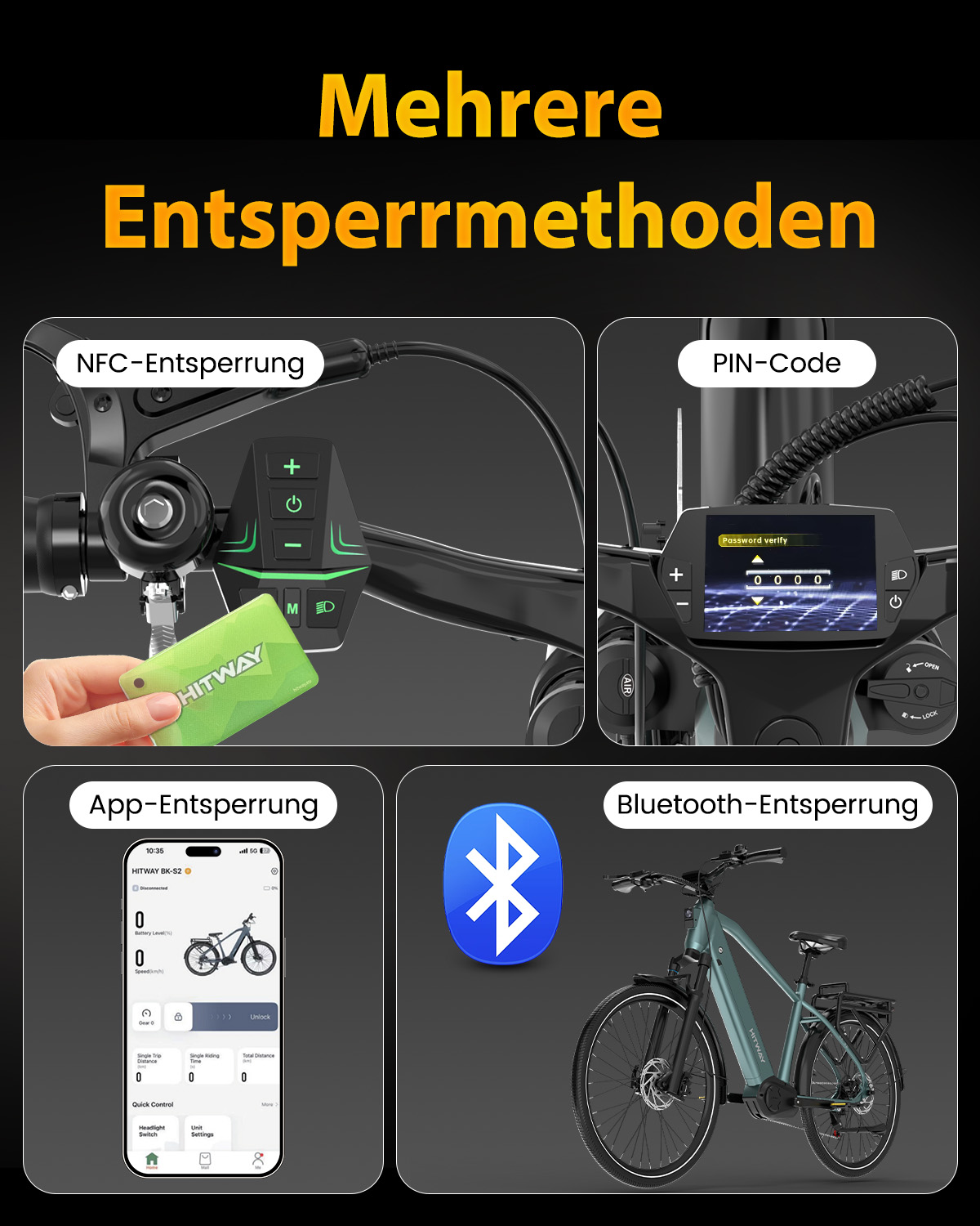 E-Bike mit vier Entsperrmethoden: NFC, PIN-Code, App und Bluetooth.