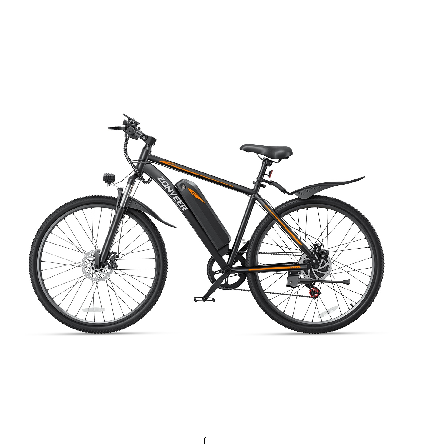 Una bicicletta elettrica nera con dettagli arancioni, batteria integrata, parafanghi e freni a disco.