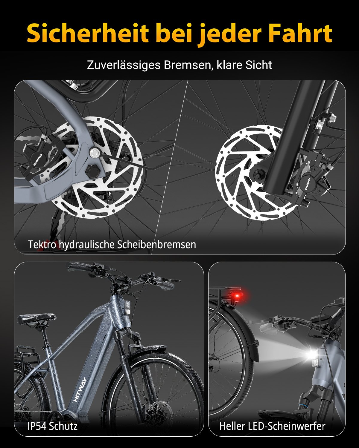 E-Bike Details mit hydraulischen Scheibenbremsen, IP54 Schutz und heller LED-Beleuchtung.
