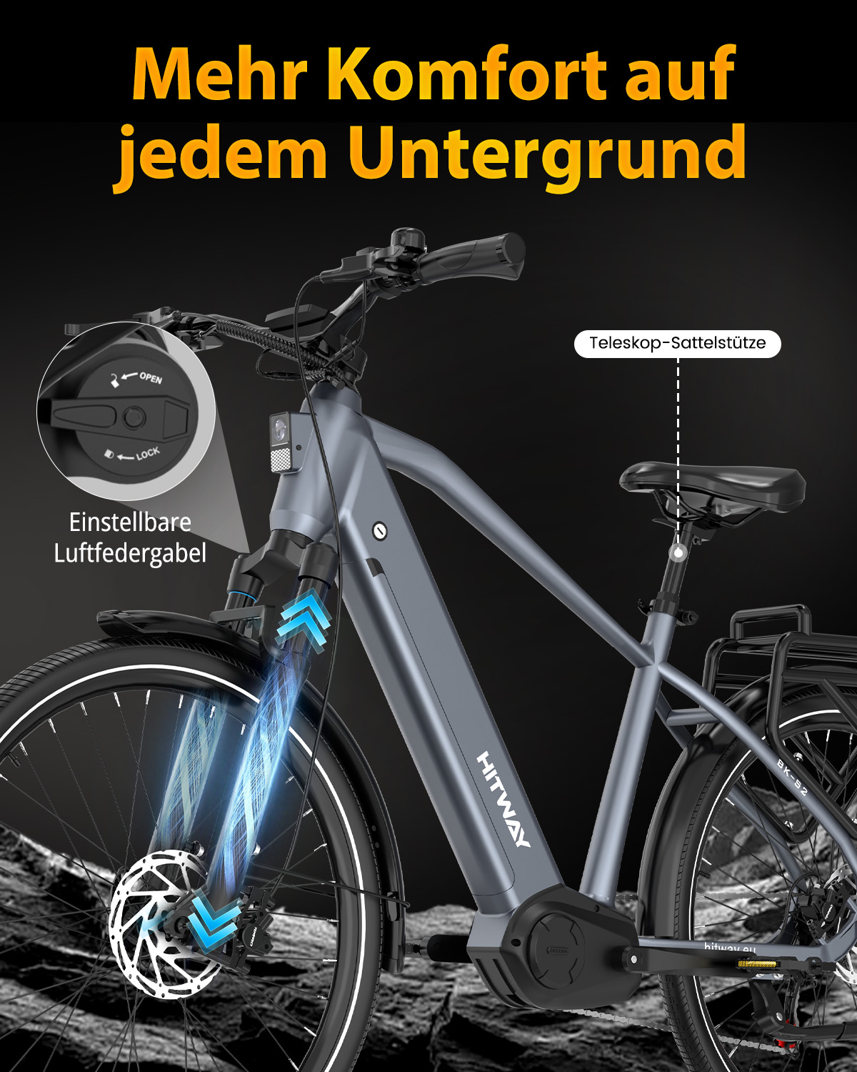 Graues E-Bike auf dunklem Hintergrund mit Text und Detailaufnahmen der Federgabel und Sattelstütze.