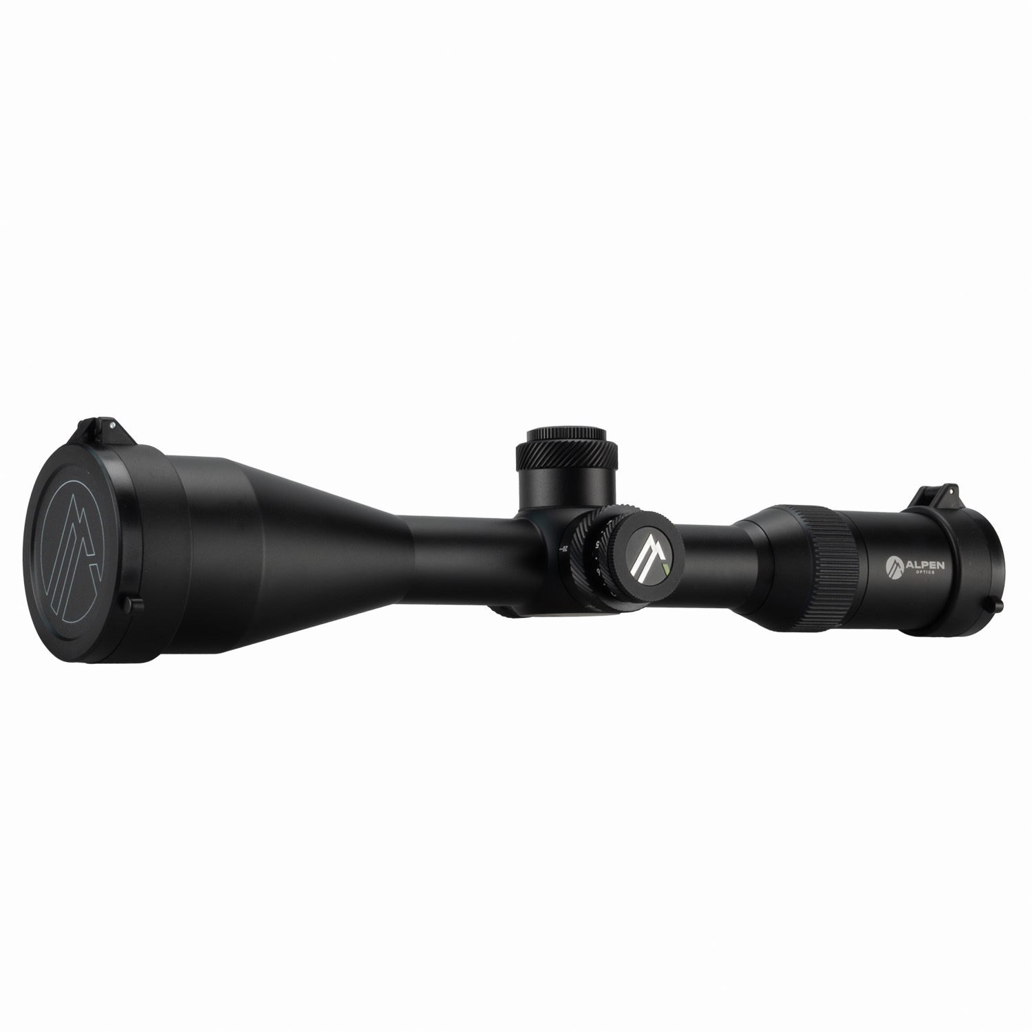 Un visor de rifle negro con torretas de ajuste y tapas con marca sobre fondo blanco.