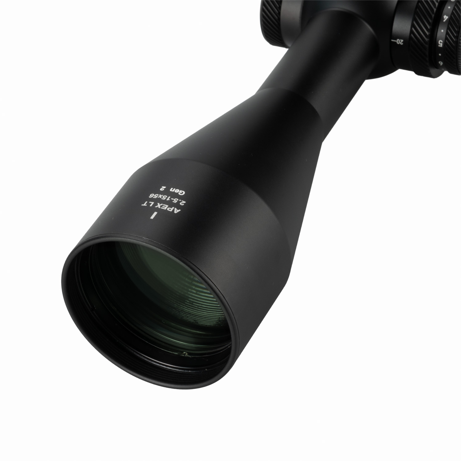 Un visor de rifle negro con texto blanco sobre un fondo blanco.