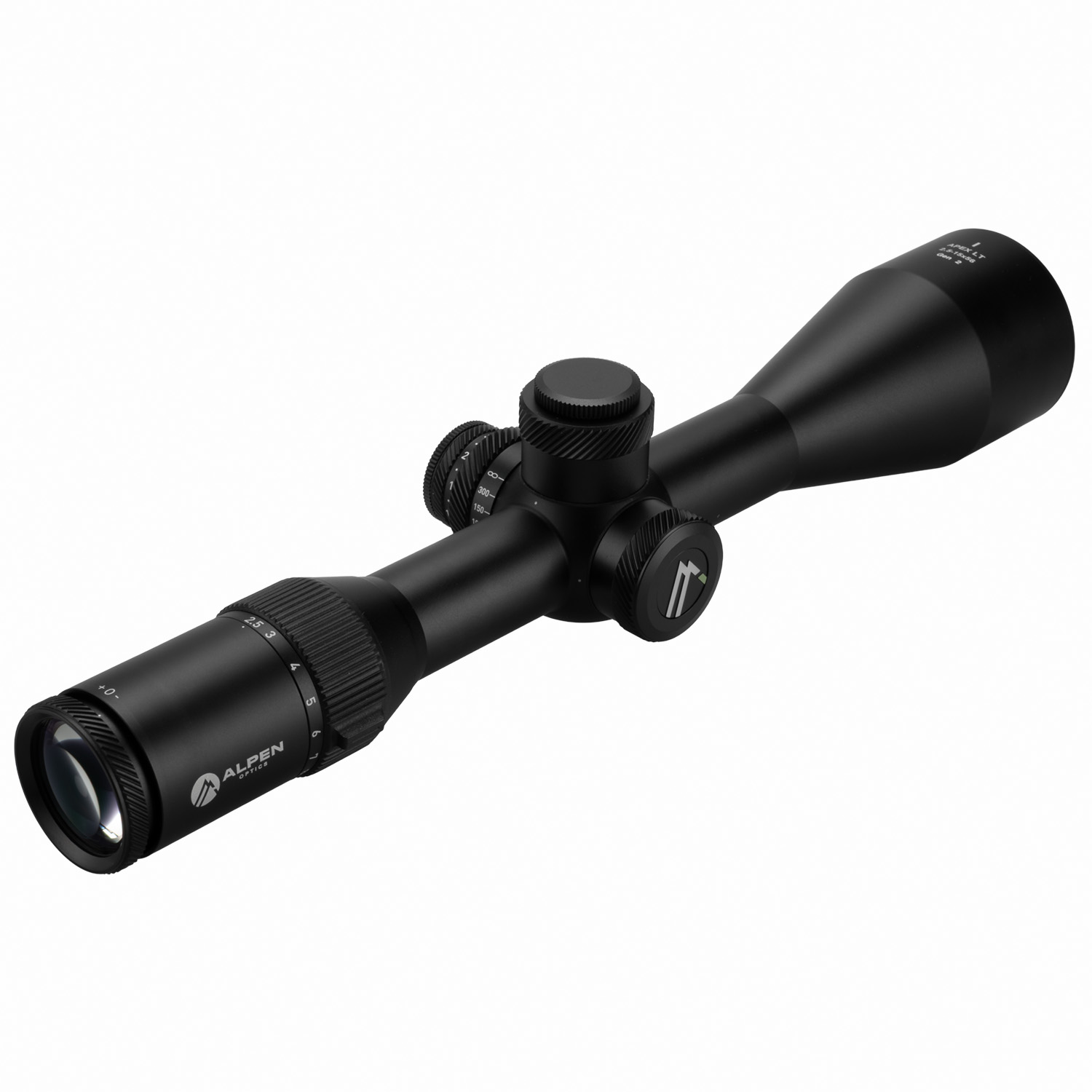 Visor telescópico negro Alpen Optics con torretas de ajuste sobre fondo blanco.
