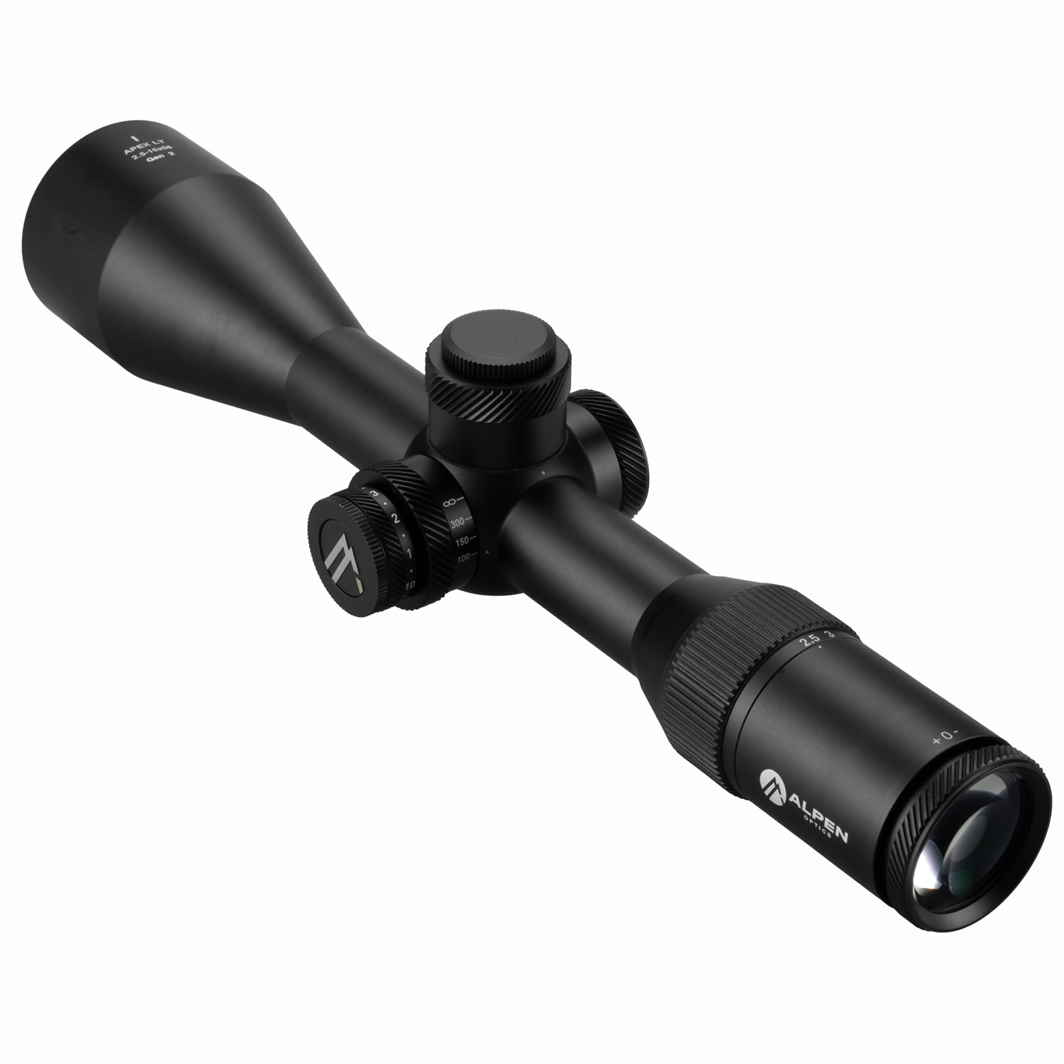 Visor telescópico negro Alpen Optics con perillas de ajuste sobre fondo blanco.
