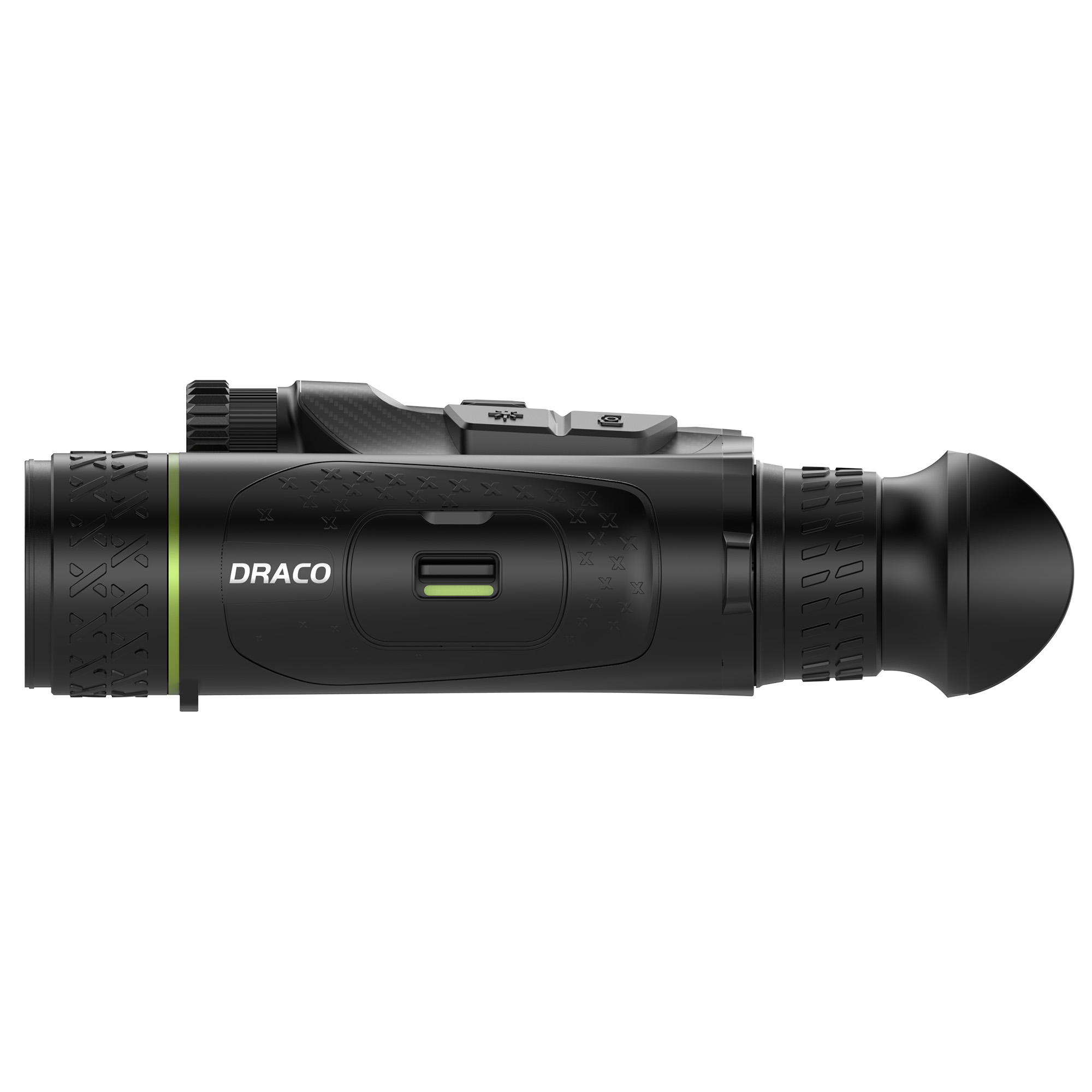 Visor negro Draço con agarre texturizado, botones superiores y una línea de acento verde sobre fondo blanco.