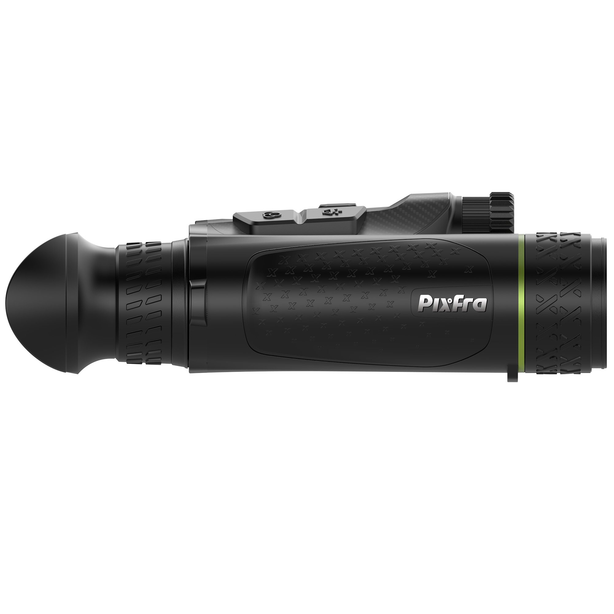 Dispositivo de imagen térmica PixFra negro con agarre texturizado y anillo verde sobre fondo blanco.
