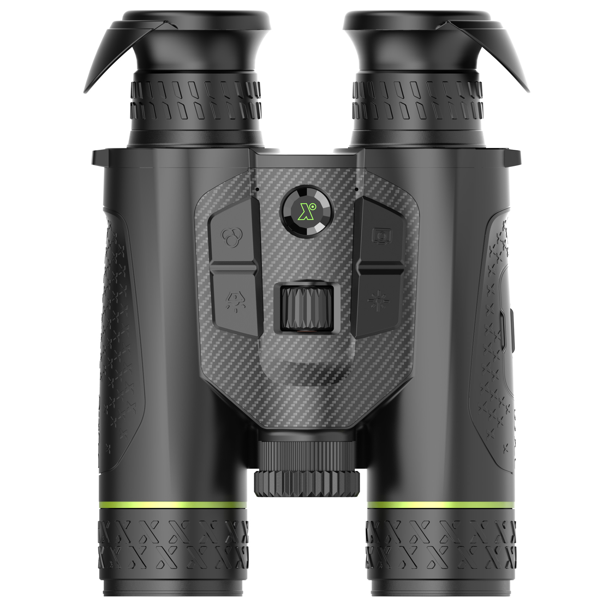 Binoculares negros con centro de fibra de carbono, botones de control y logotipo verde.