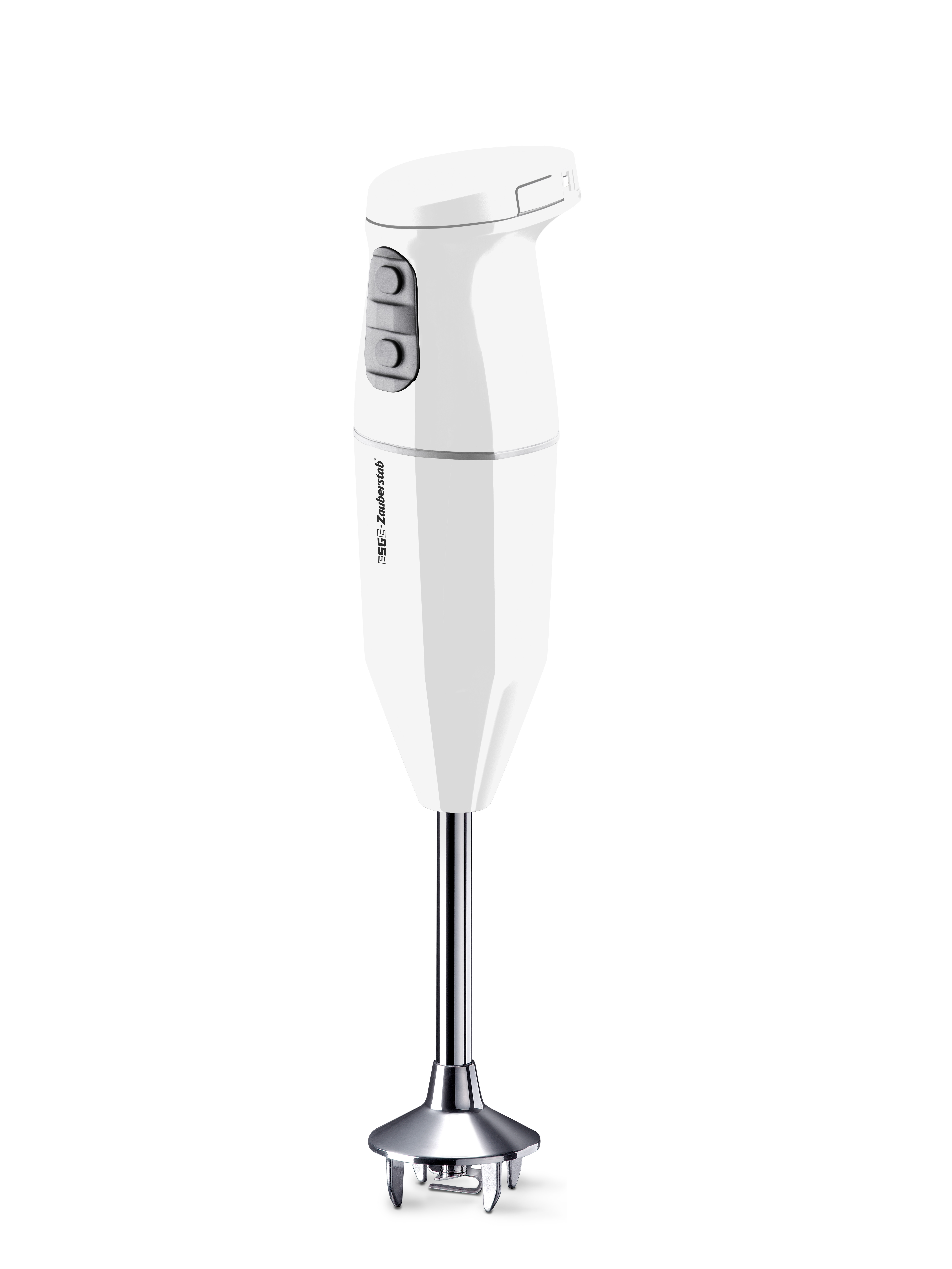 Biały blender ręczny ze srebrnym trzonkiem i dwoma szarymi przyciskami sterującymi na białym tle.