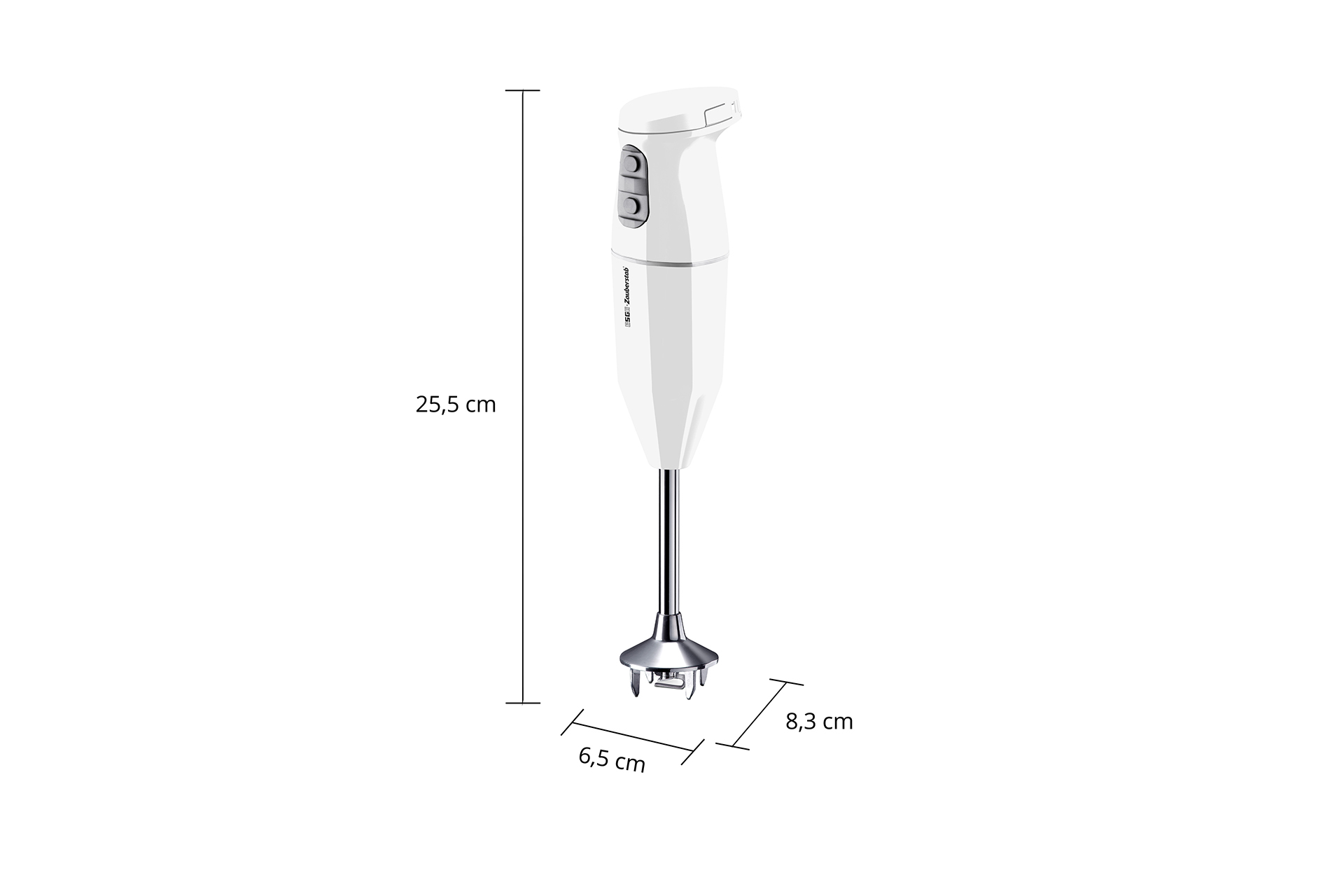Biały blender ręczny ze srebrną stopą i wymiarami 25,5, 6,5 i 8,3 cm.