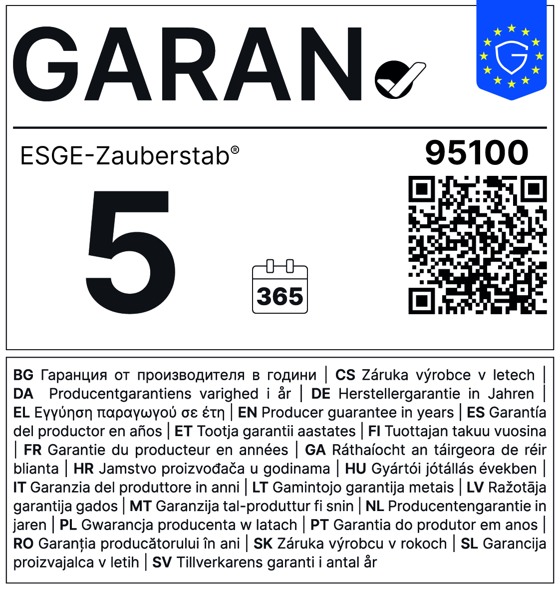 Etykieta z napisem GARAN, dużą piątką, ikoną 365 dni, kodem QR i szczegółami gwarancji w wielu językach.